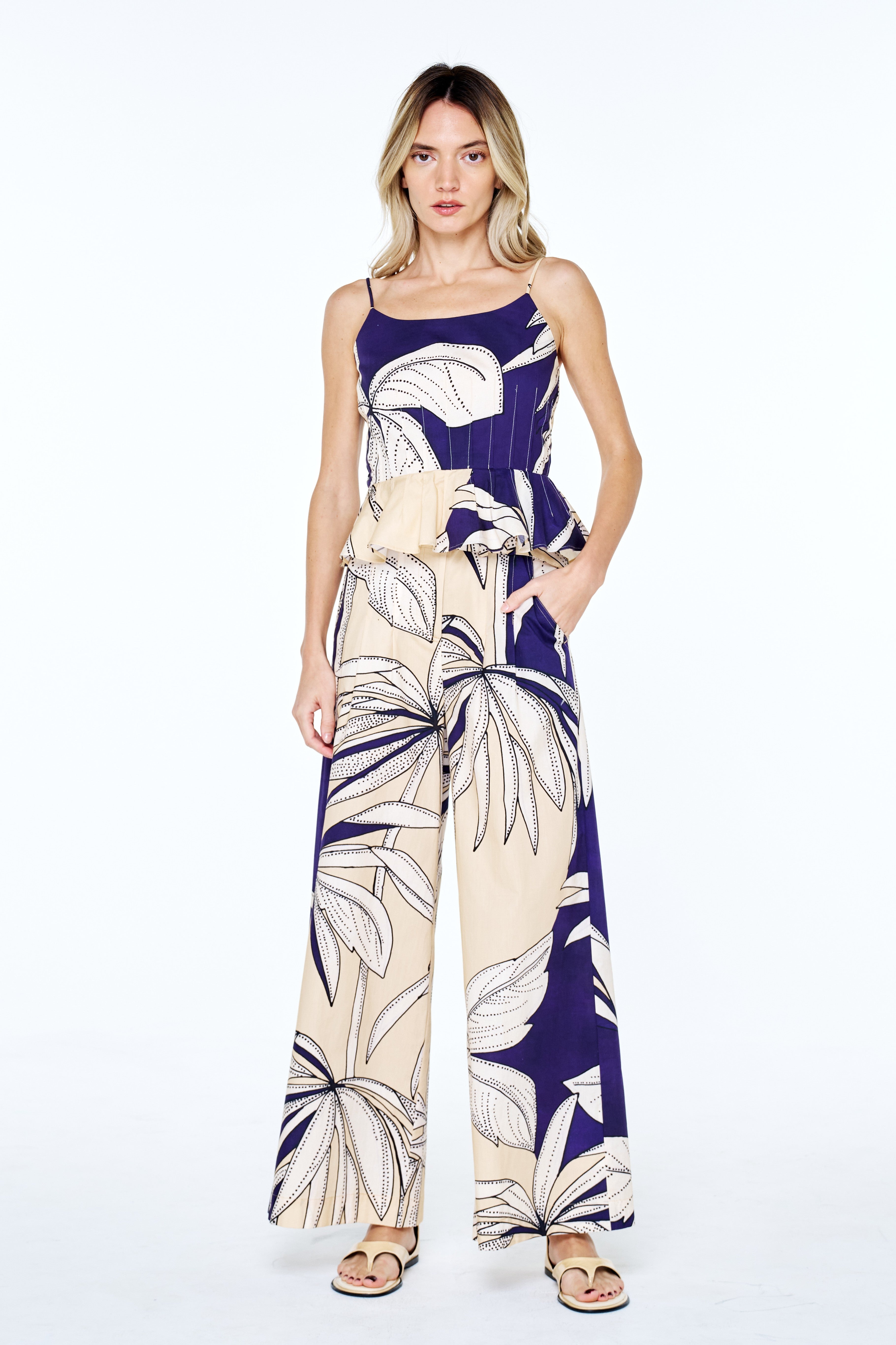 Leah Botanical Print Belted Wide Leg Pants