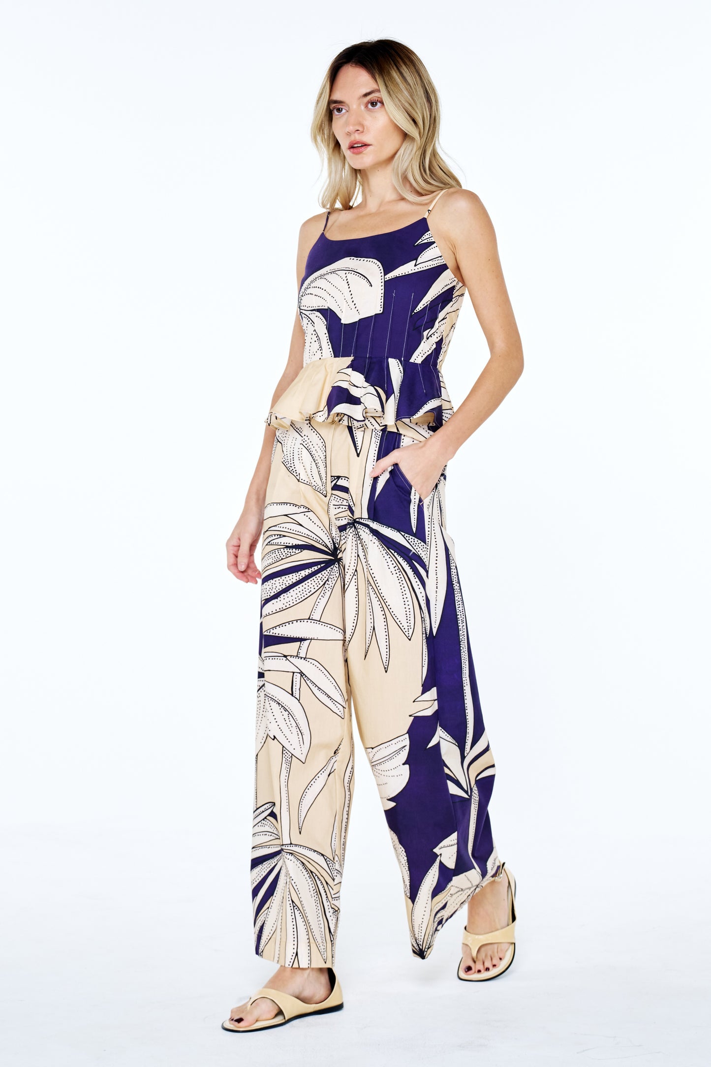 Leah Botanical Print Belted Wide Leg Pants