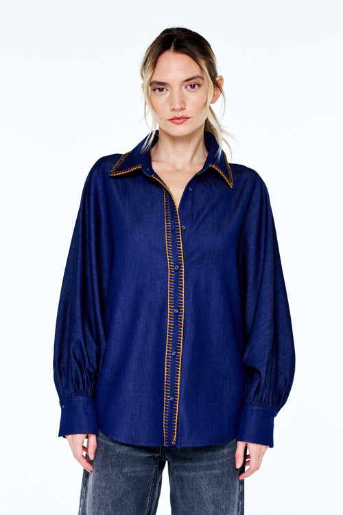 Load image 1 in gallery view. Brielle Whipstitch Long Sleeve Button-Up Top