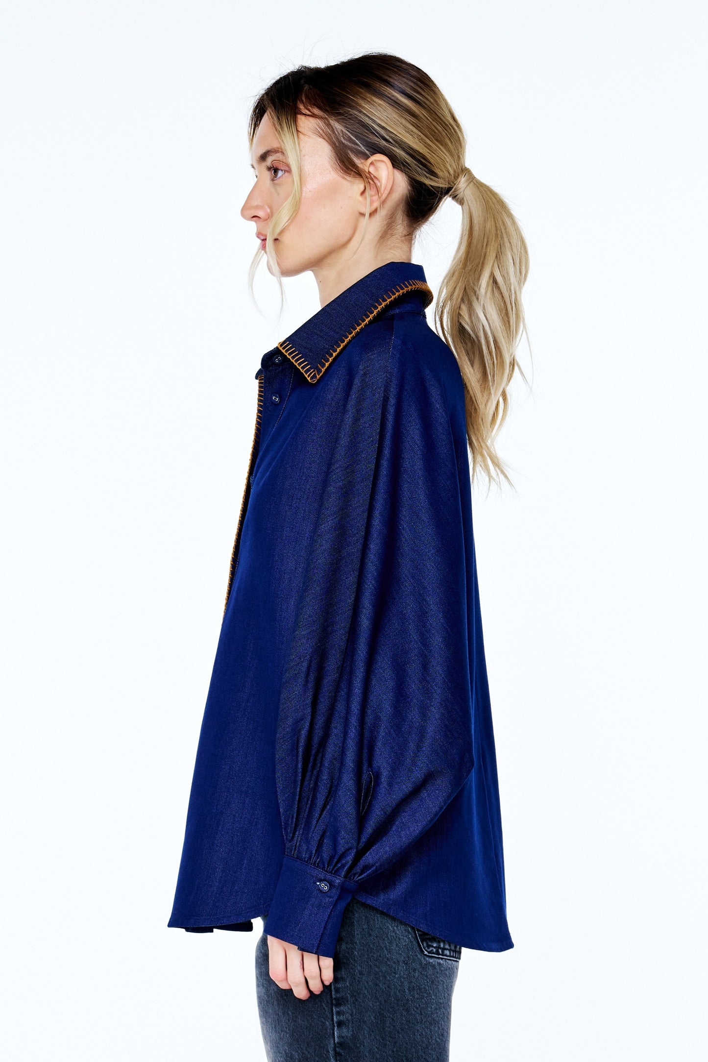 Brielle Whipstitch Long Sleeve Button-Up Top