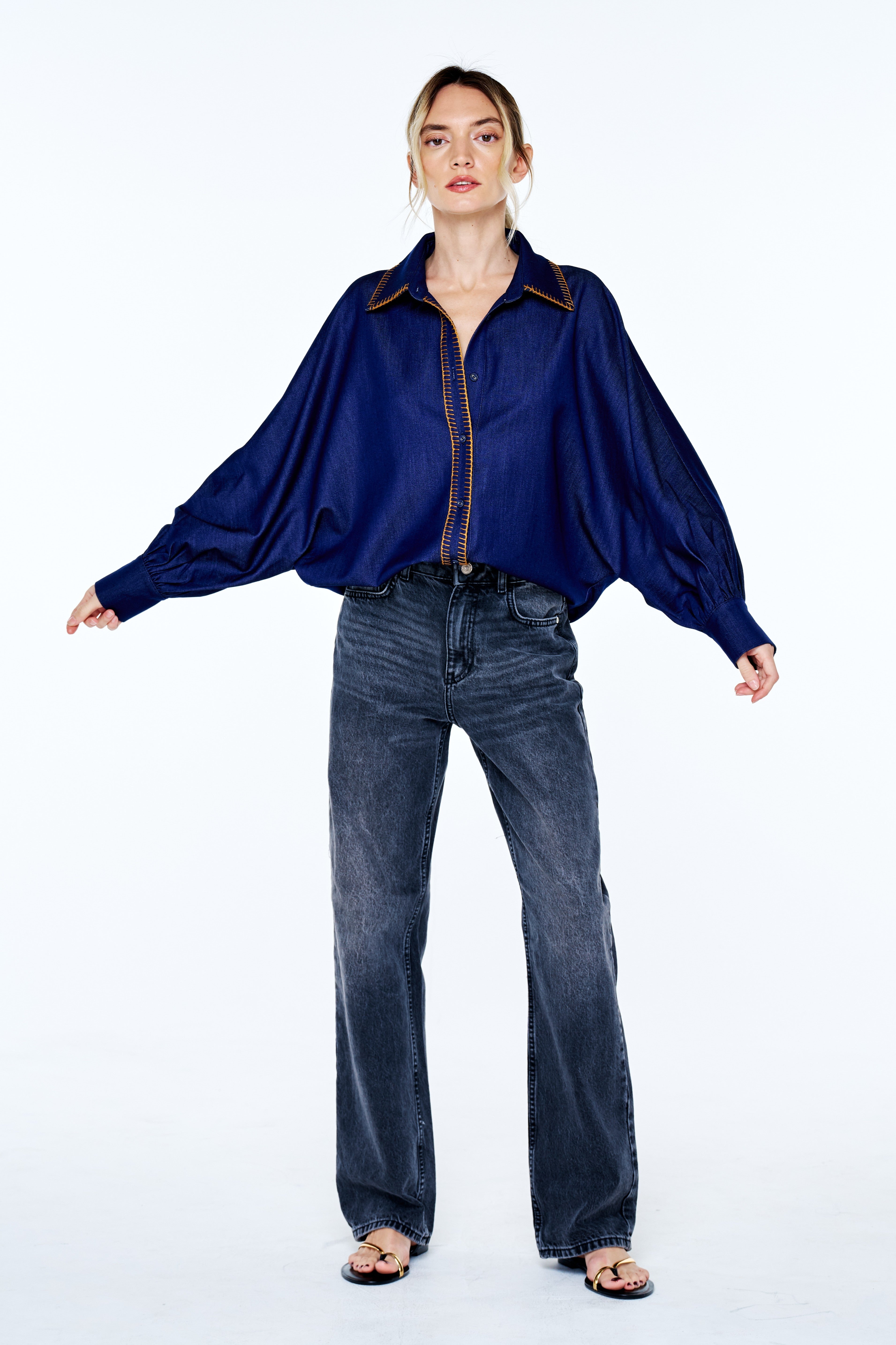Brielle Whipstitch Long Sleeve Button-Up Top