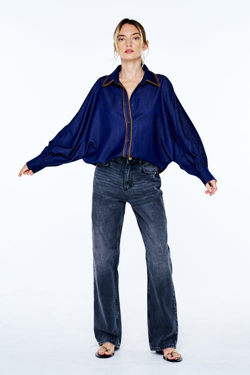 Load image 1 in gallery view. Brielle Whipstitch Long Sleeve Button-Up Top
