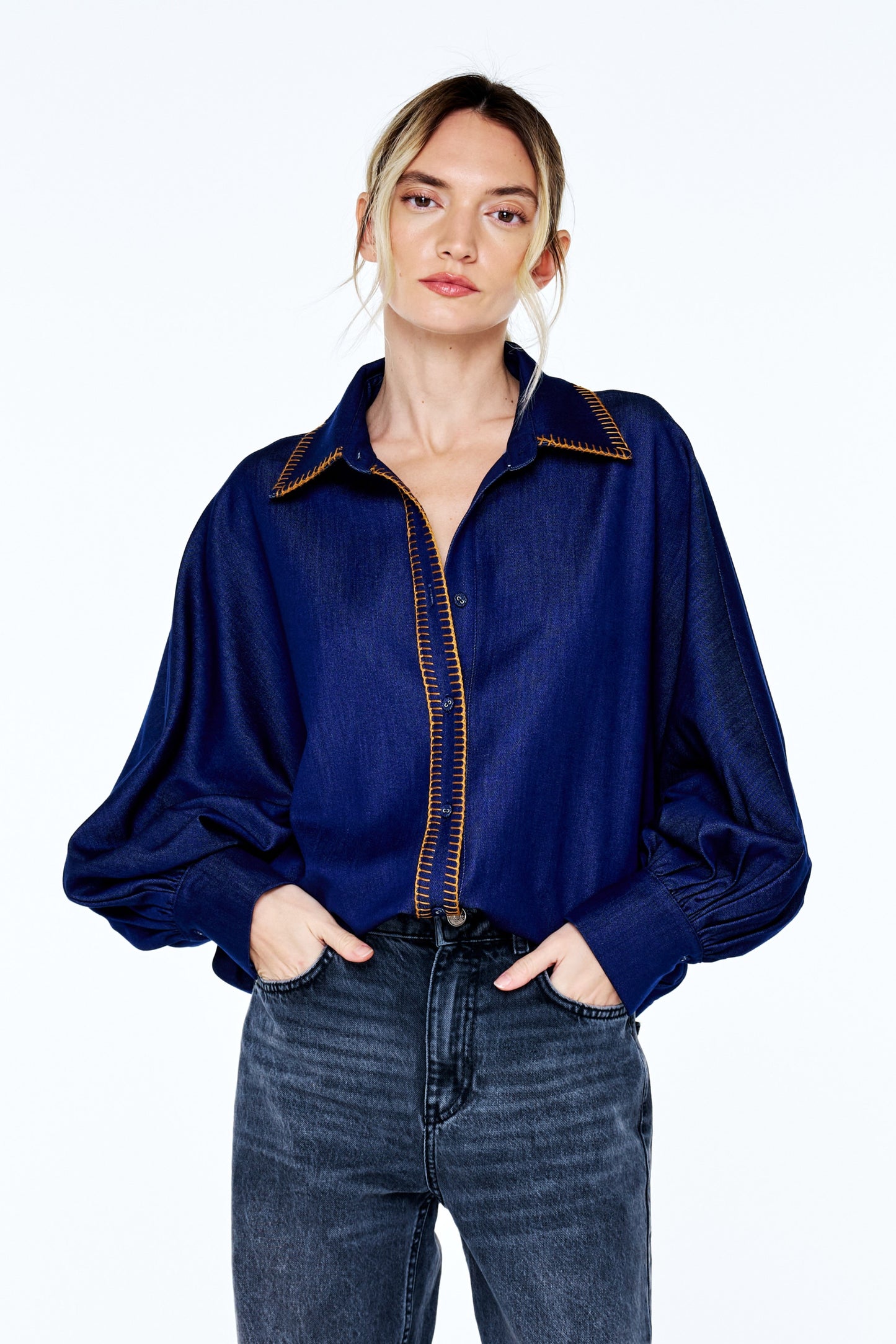Brielle Whipstitch Long Sleeve Button-Up Top