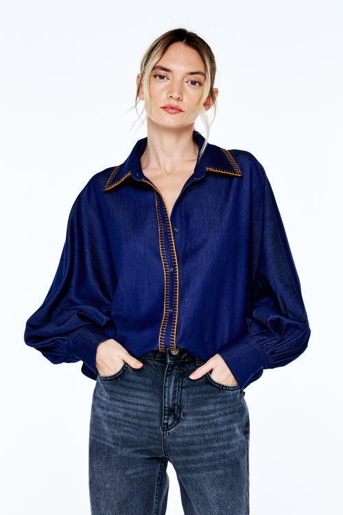 Load image 1 in gallery view. Brielle Whipstitch Long Sleeve Button-Up Top