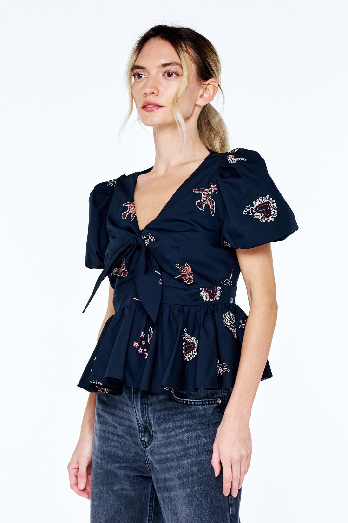 Liyana Embroidered Tie Front Peplum Top