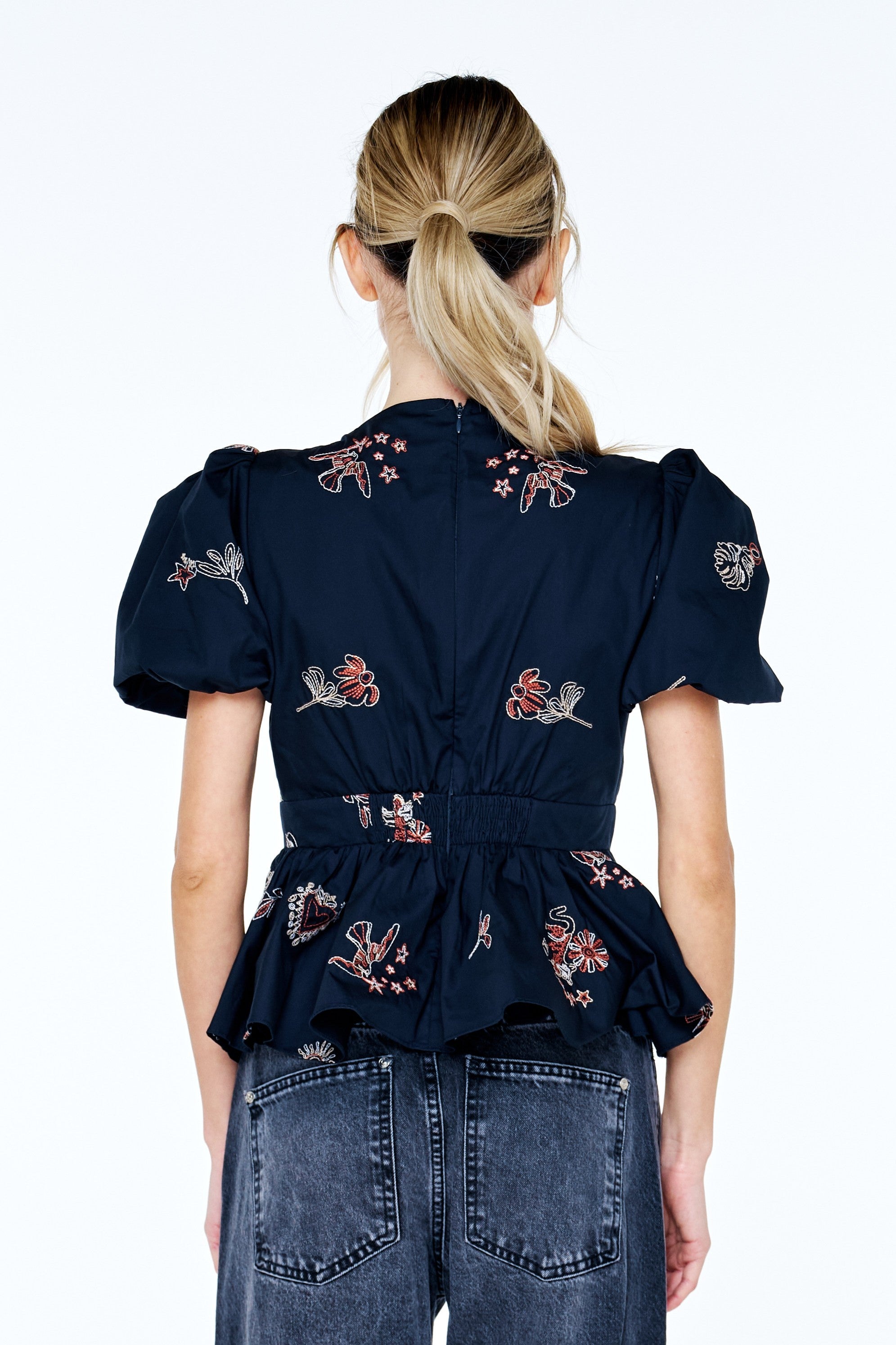 Liyana Embroidered Tie Front Peplum Top