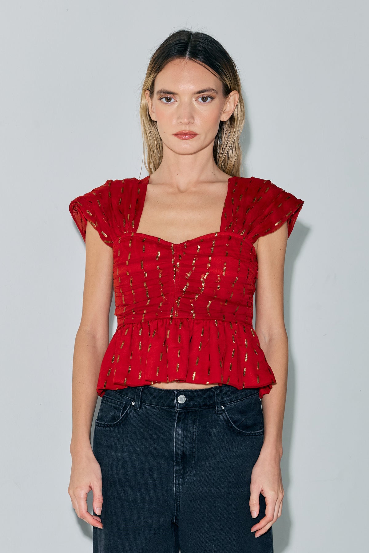 Kloe Metallic Shirred Peplum Top
