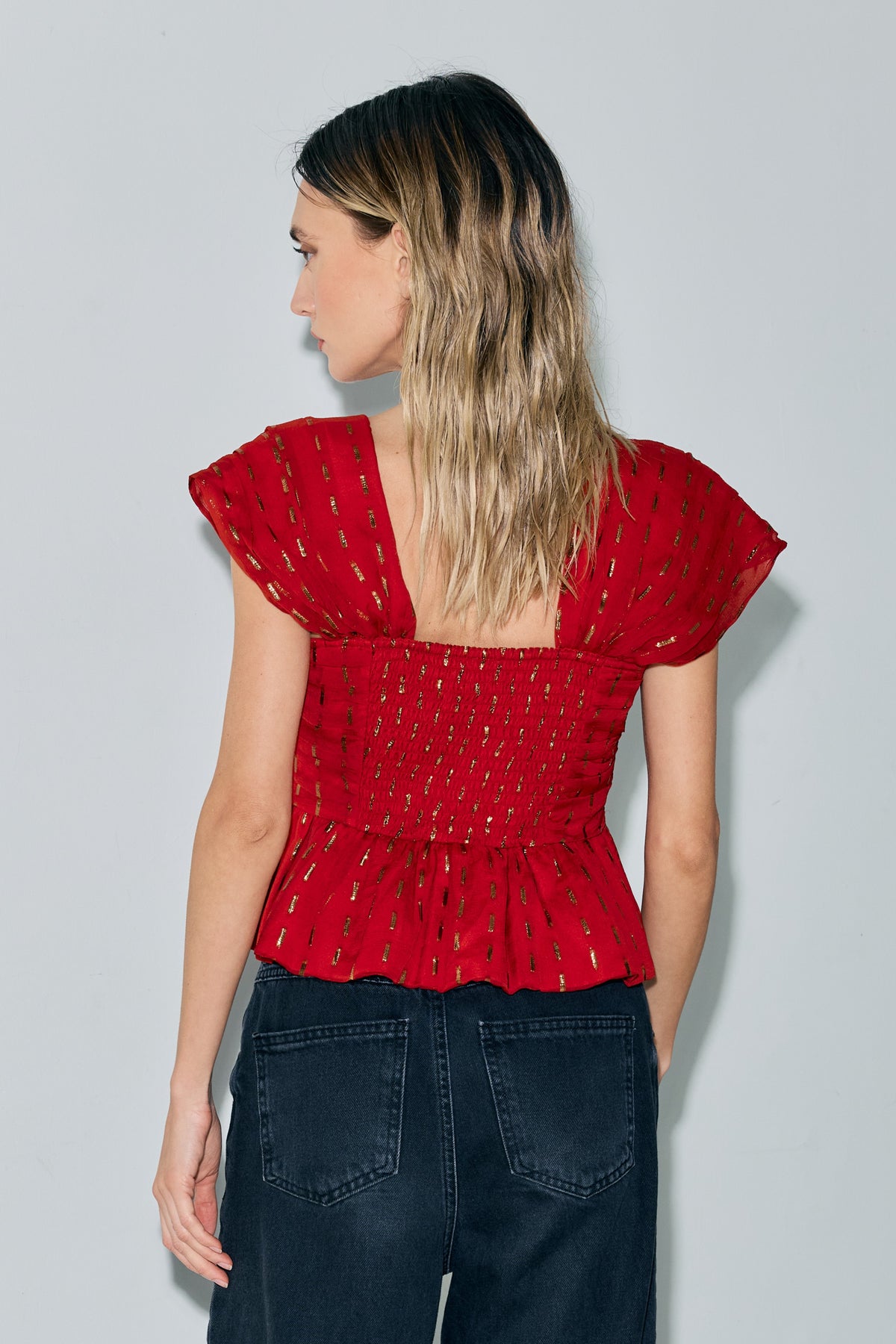 Kloe Metallic Shirred Peplum Top