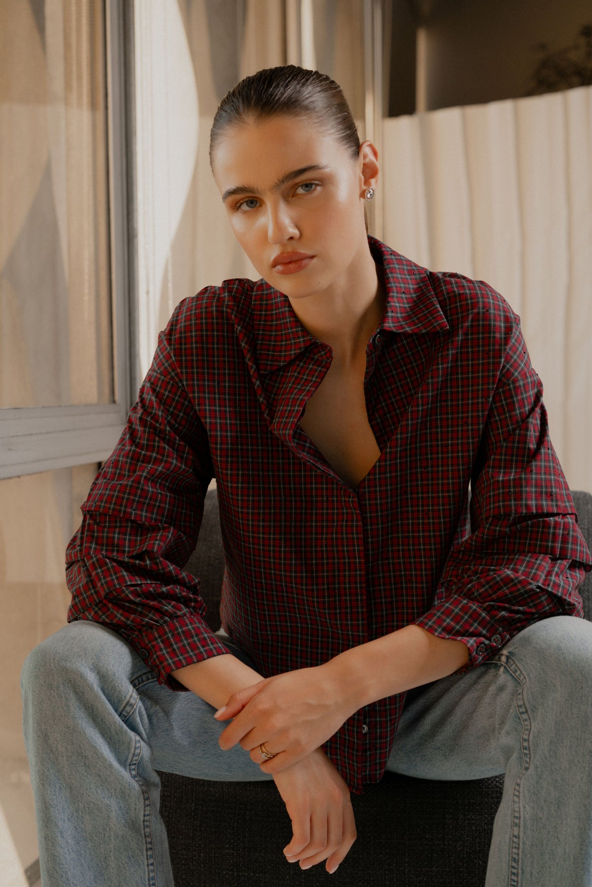 Galli Embellished Plaid	Button-Up Top