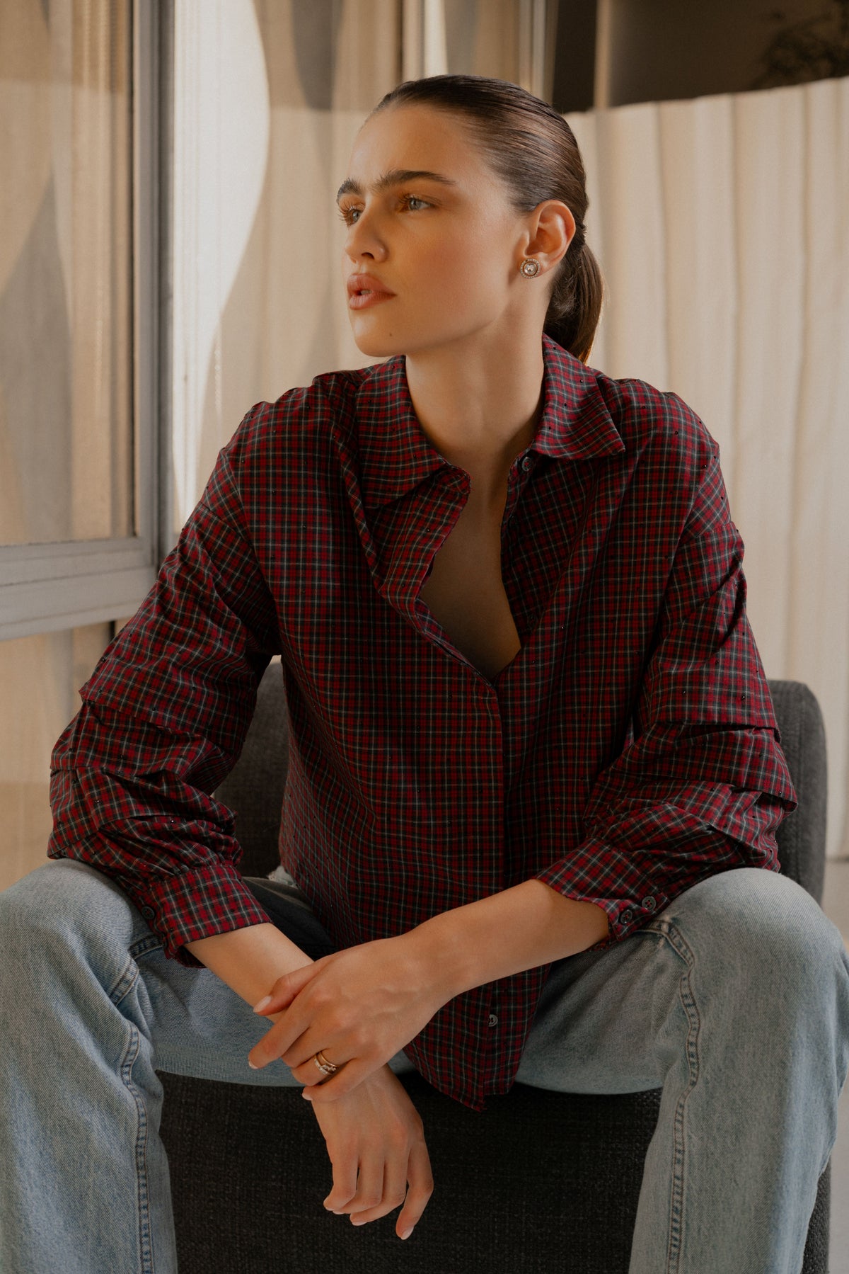 Galli Embellished Plaid	Button-Up Top