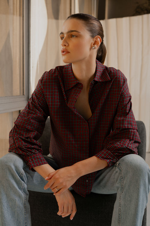 Load image 1 in gallery view. Galli Embellished Plaid	Button-Up Top