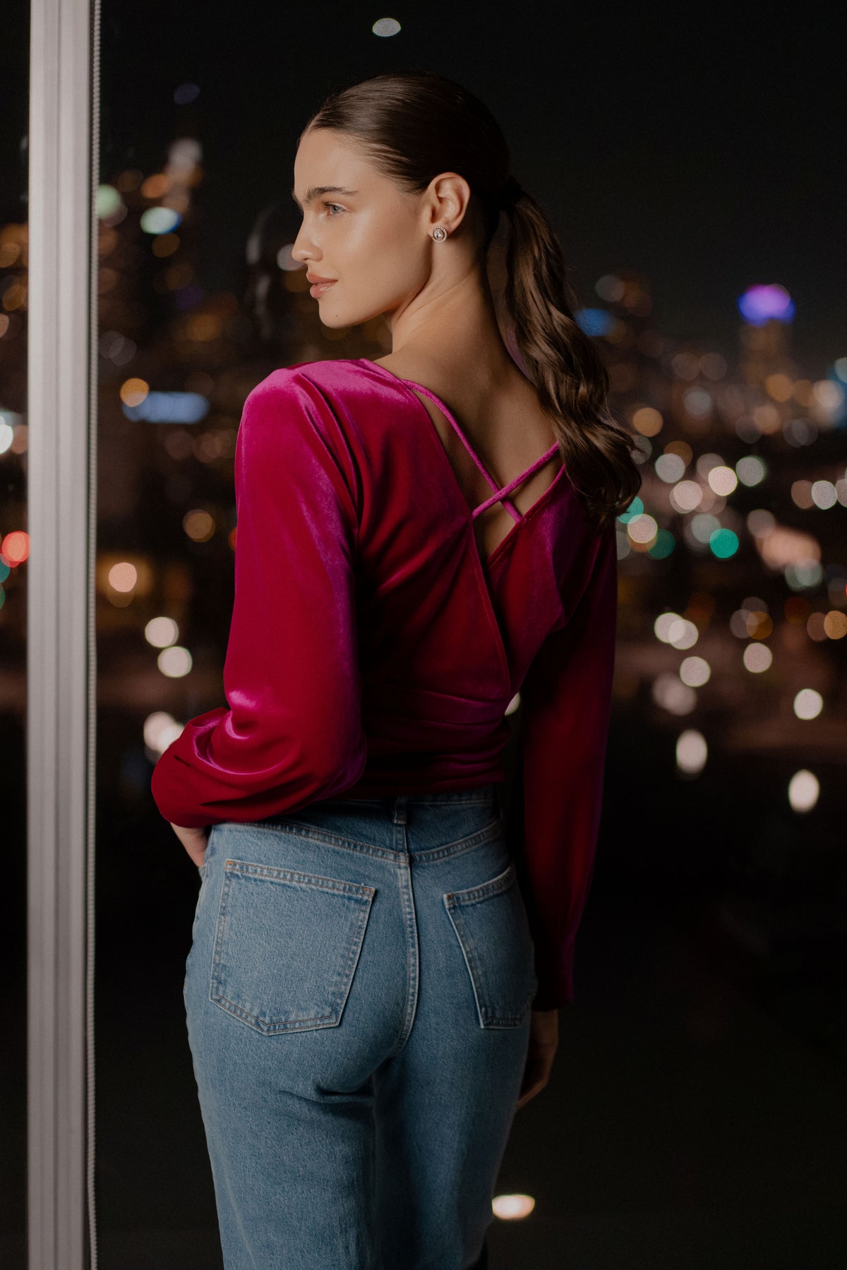 Fosi	Pleated Long Sleeve Velvet Top