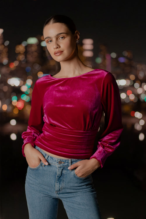 Load image 1 in gallery view. Fosi	Pleated Long Sleeve Velvet Top