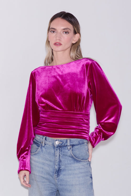 Load image 1 in gallery view. Fosi	Pleated Long Sleeve Velvet Top
