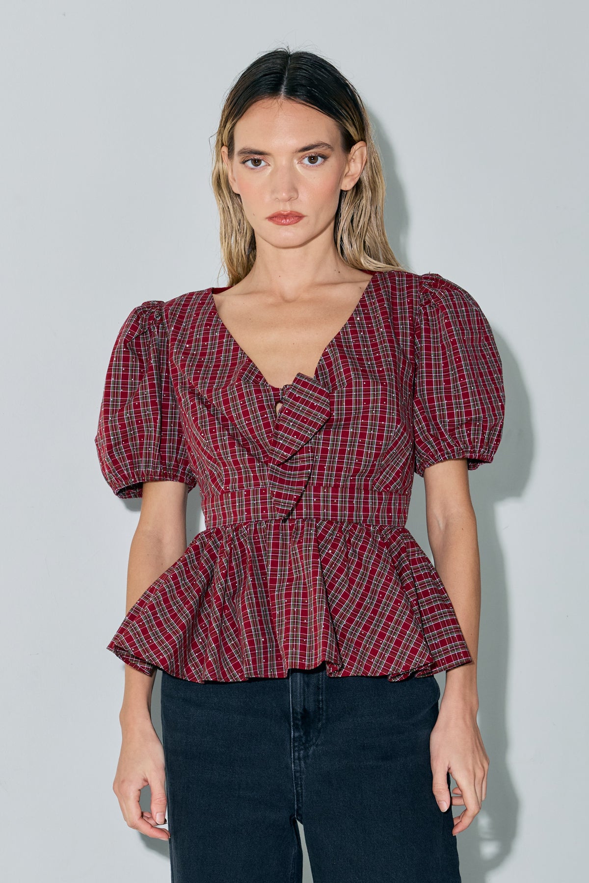 Liyana Embellished Plaid Puff Sleeve Top