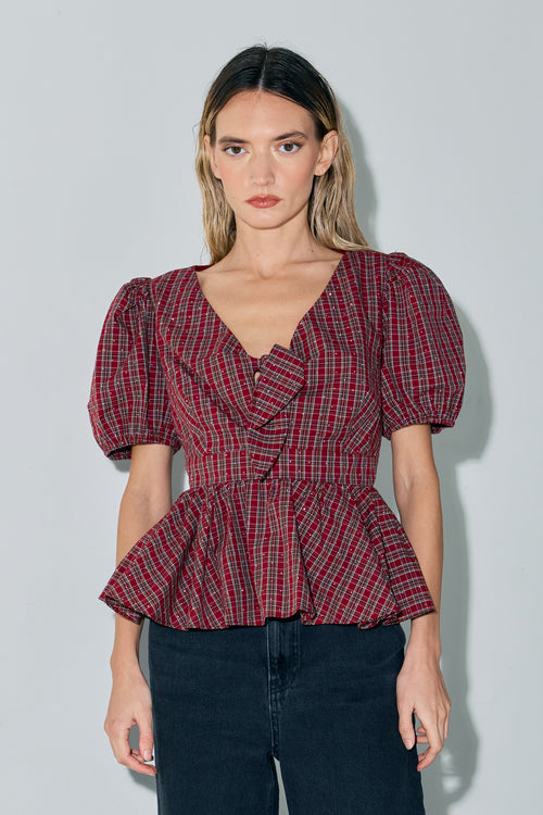 Cargar la imagen 1 en la vista de la galería. Liyana Embellished Plaid Puff Sleeve Top