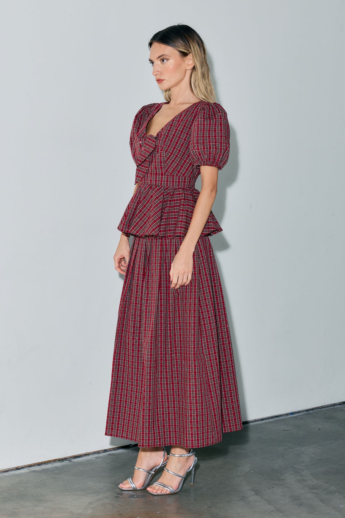Pheona Embellished Plaid Pleated Midi Skirt