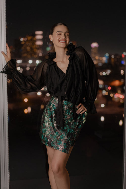 Load image 1 in gallery view. Paola Faux Wrap Jacquard Mini Skirt