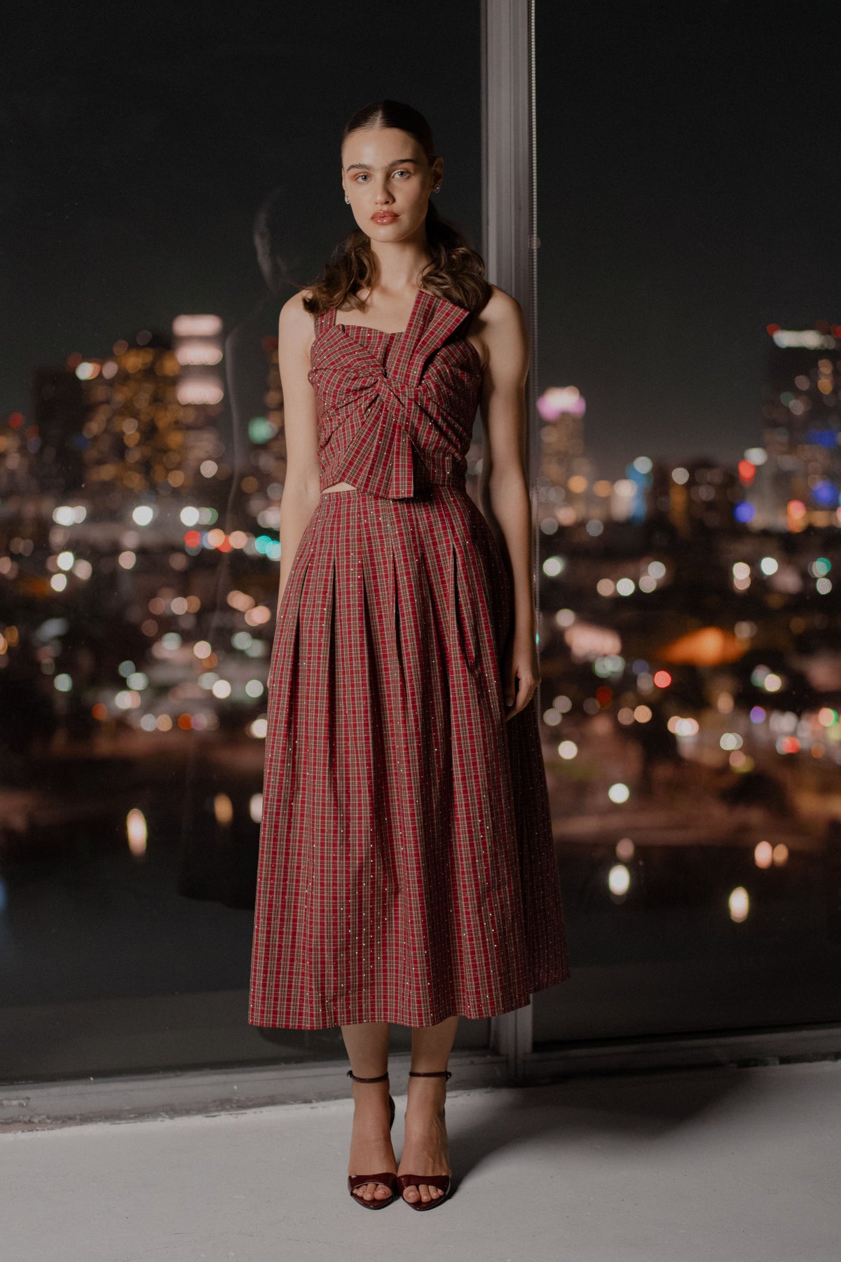 Pheona Embellished Plaid Pleated Midi Skirt