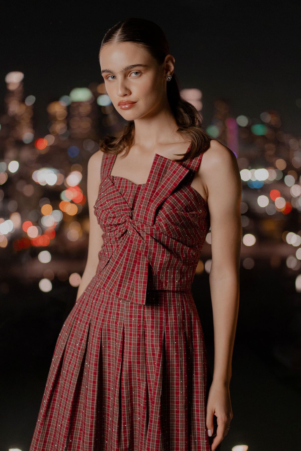 Ganna Embellished Plaid Bow Front Top