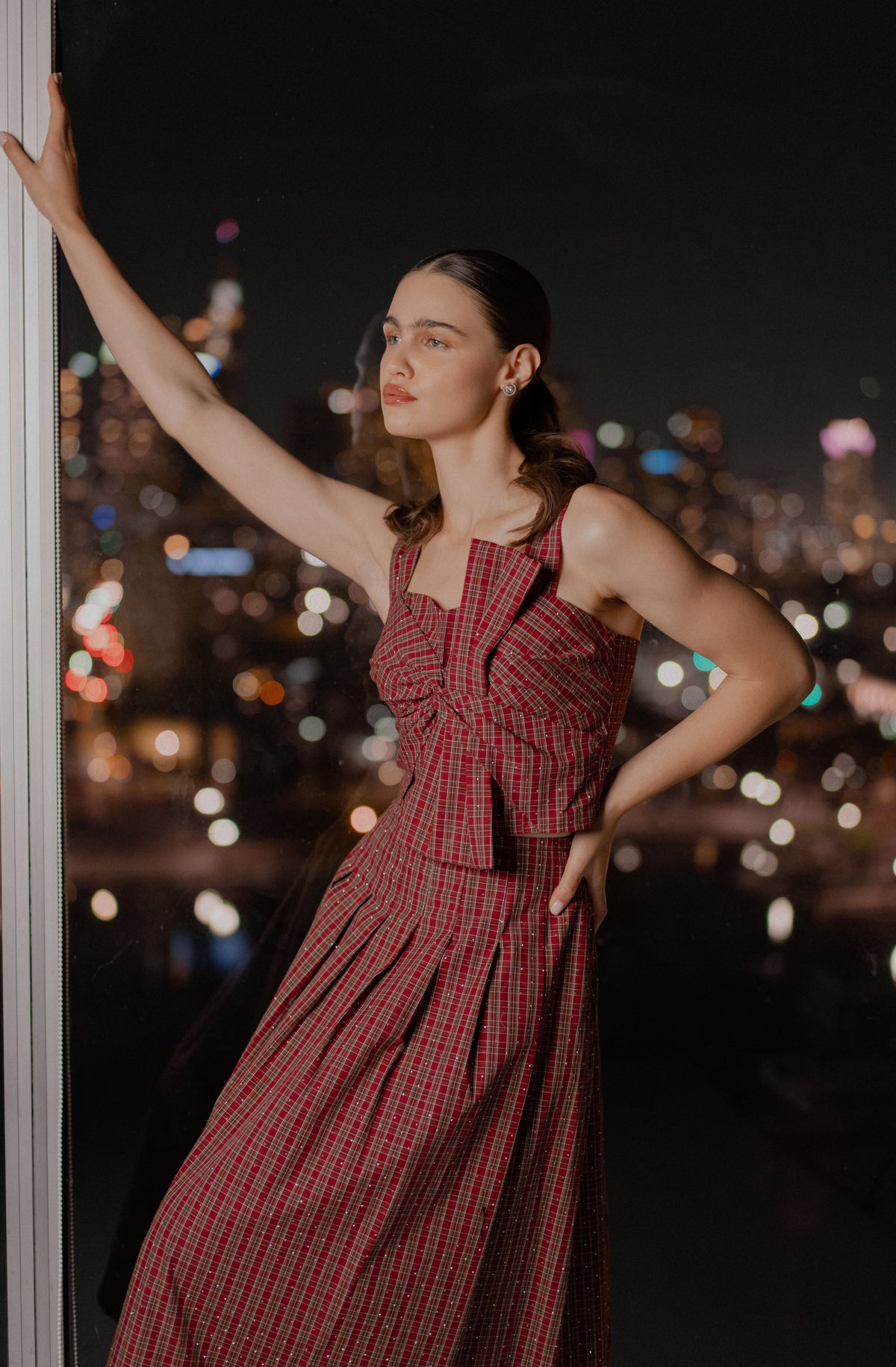 Ganna Embellished Plaid Bow Front Top
