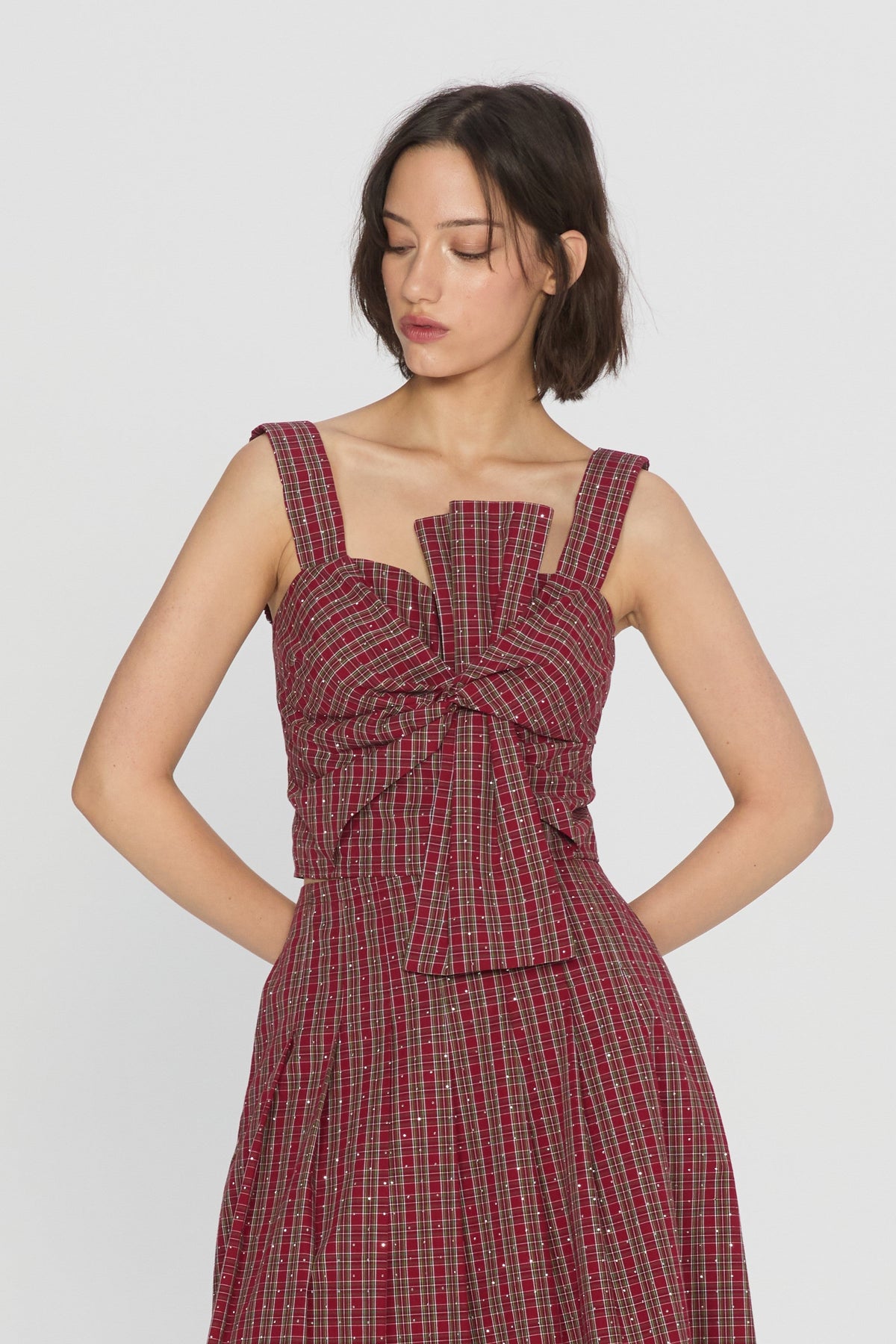 Ganna Embellished Plaid Bow Front Top