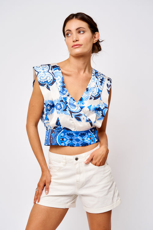 Load image 1 in gallery view. Adrina Pleated Surplice Satin Crop Top