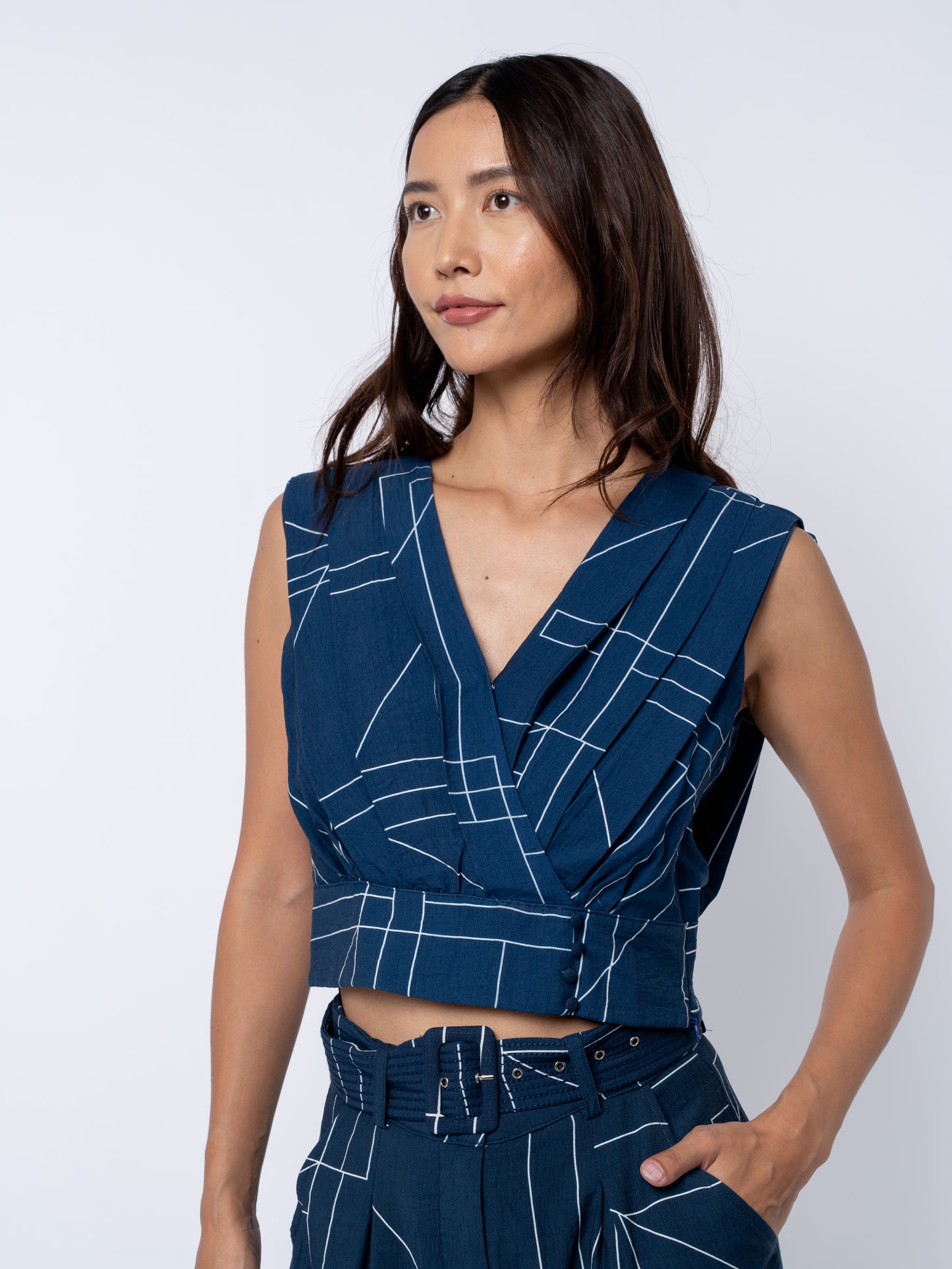 Adrina Geo Print Pleated Surplice Crop Top