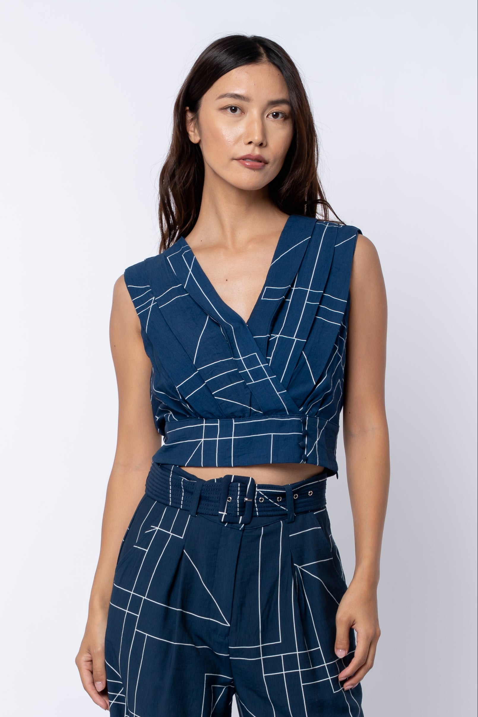 Adrina Geo Print Pleated Surplice Crop Top