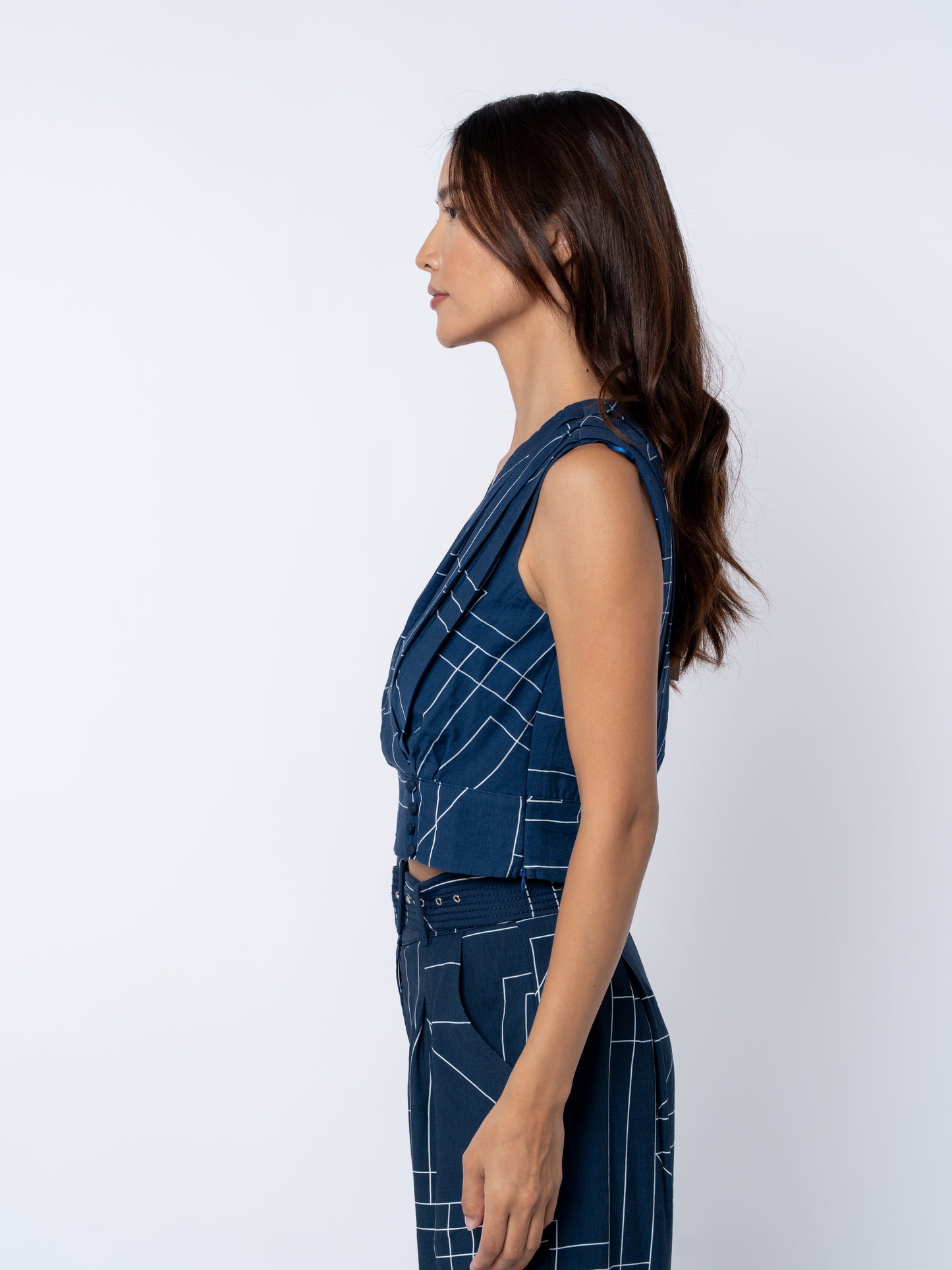Adrina Geo Print Pleated Surplice Crop Top