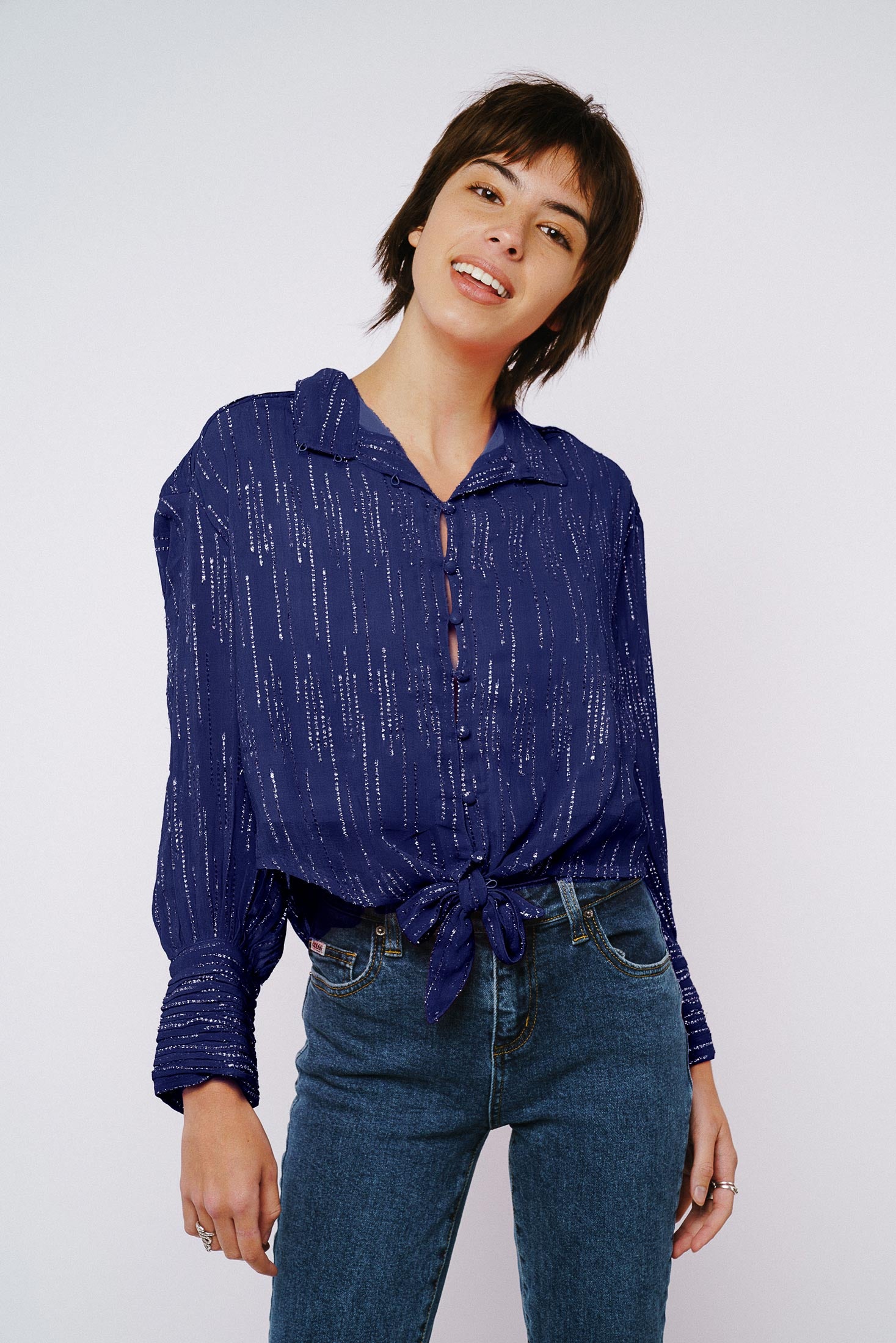 Aurora Glitter Drop Button-Up Top