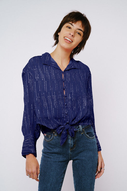 Load image 1 in gallery view. Aurora Glitter Drop Button-Up Top