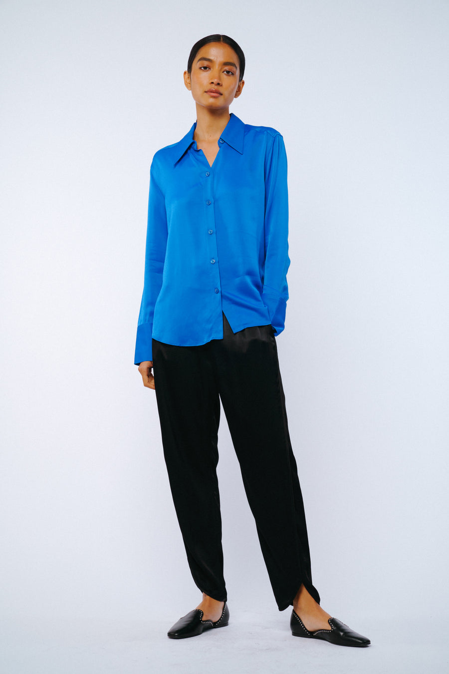 Jacque Collared Button-Up Satin Top
