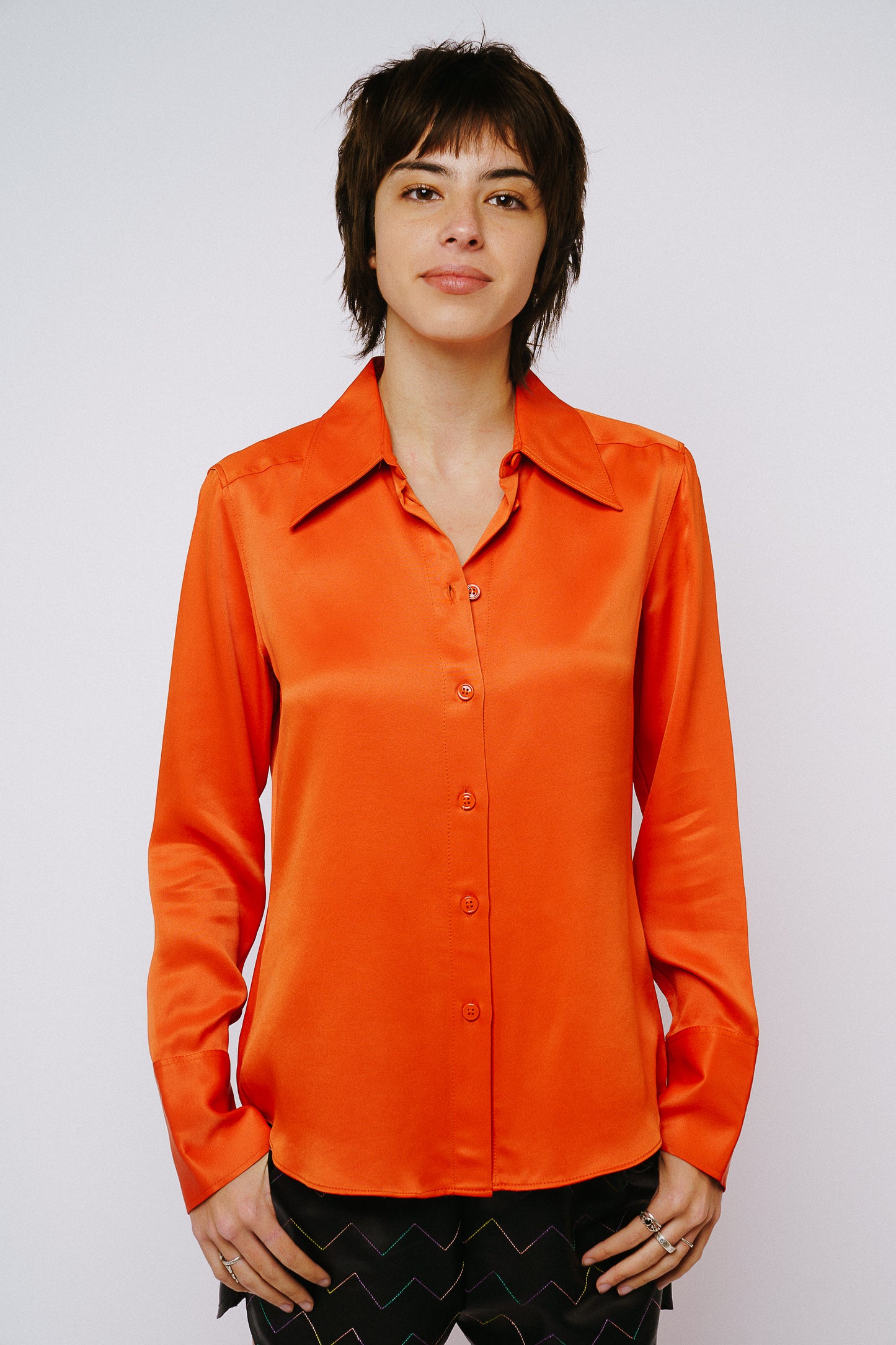 Jacque Collared Button-Up Satin Top