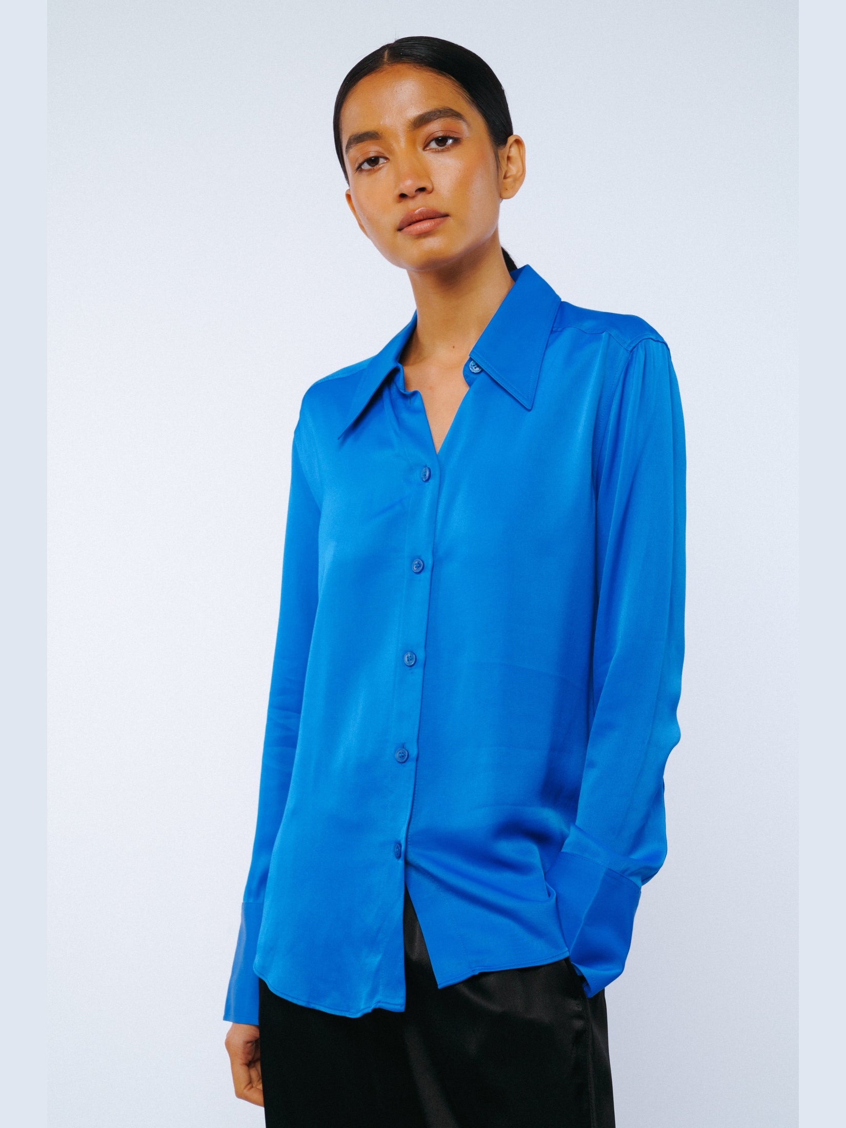 Jacque Collared Button-Up Satin Top