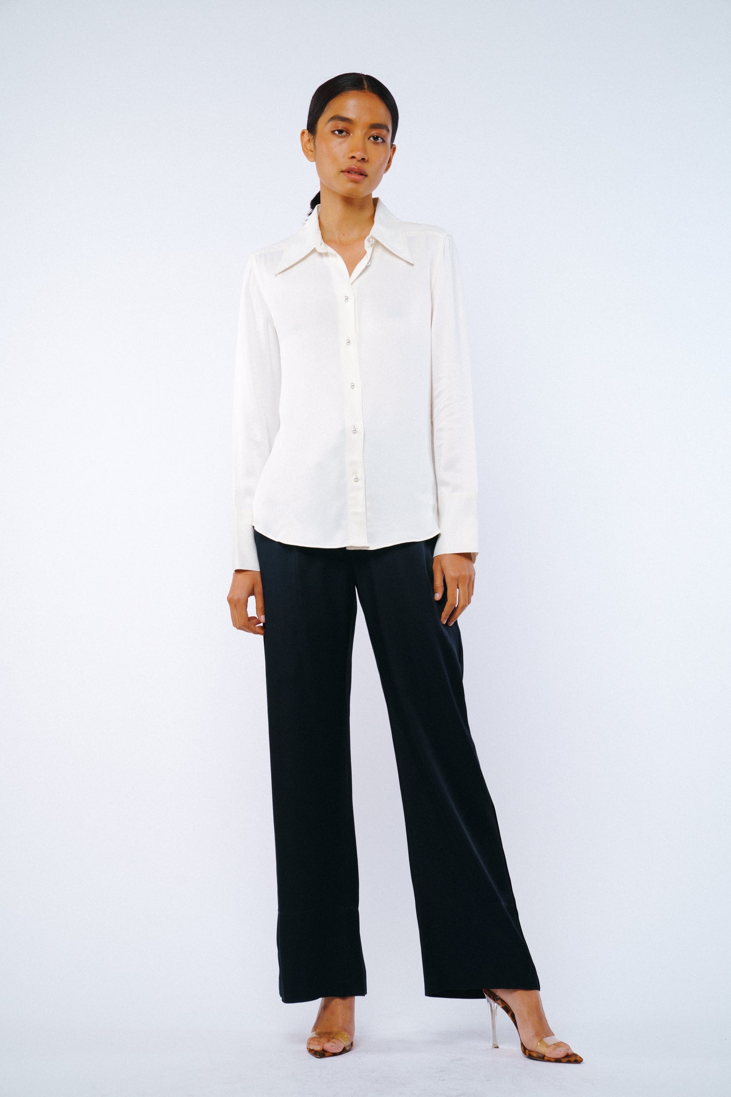 Jacque Collared Button-Up Satin Top