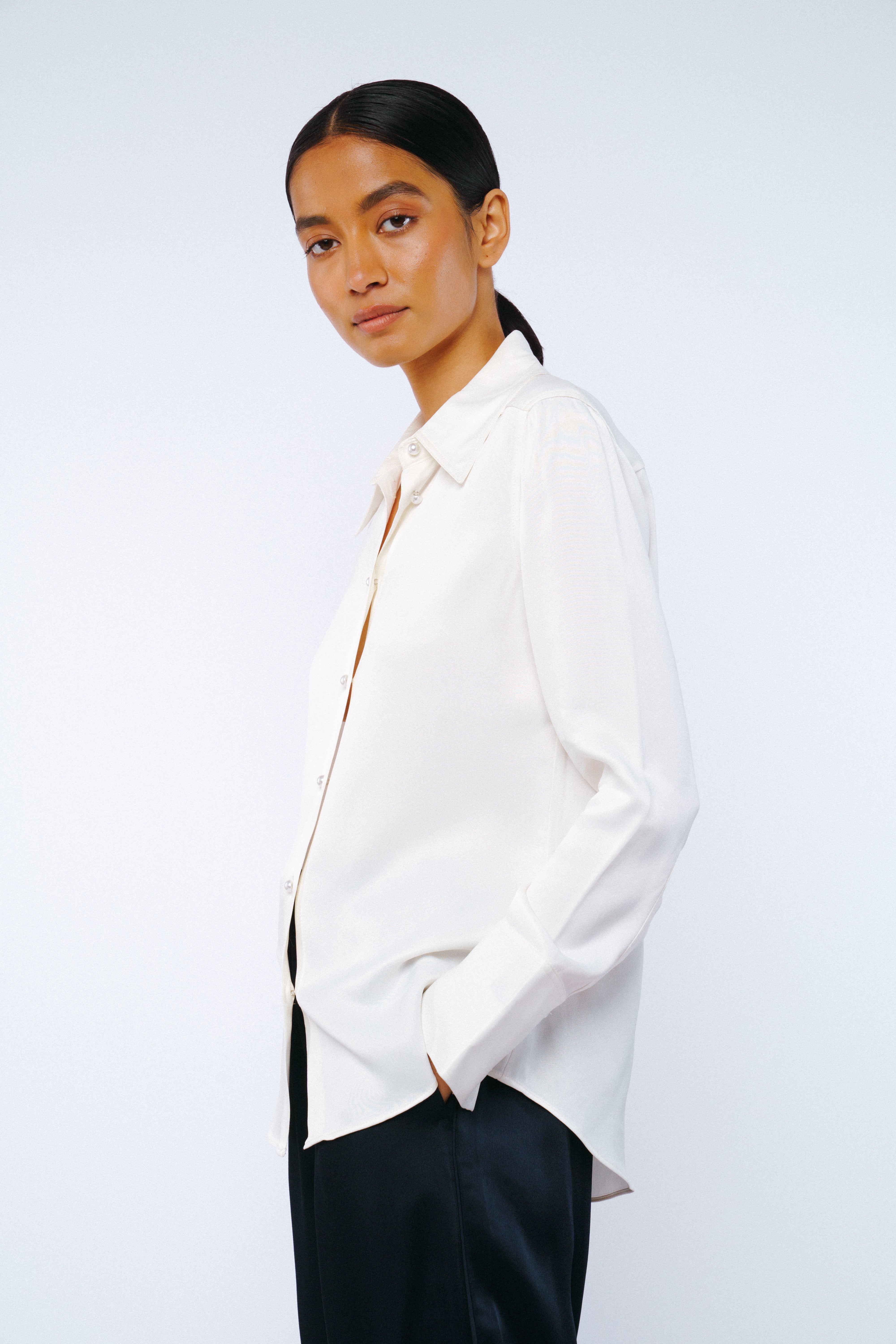 Jacque Collared Button-Up Satin Top
