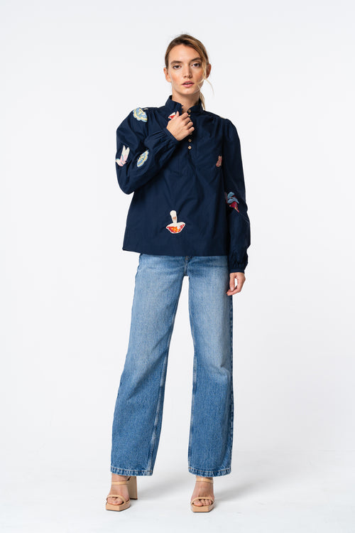 Load image 1 in gallery view. Emmy Embroidered Parkscape Top Navy