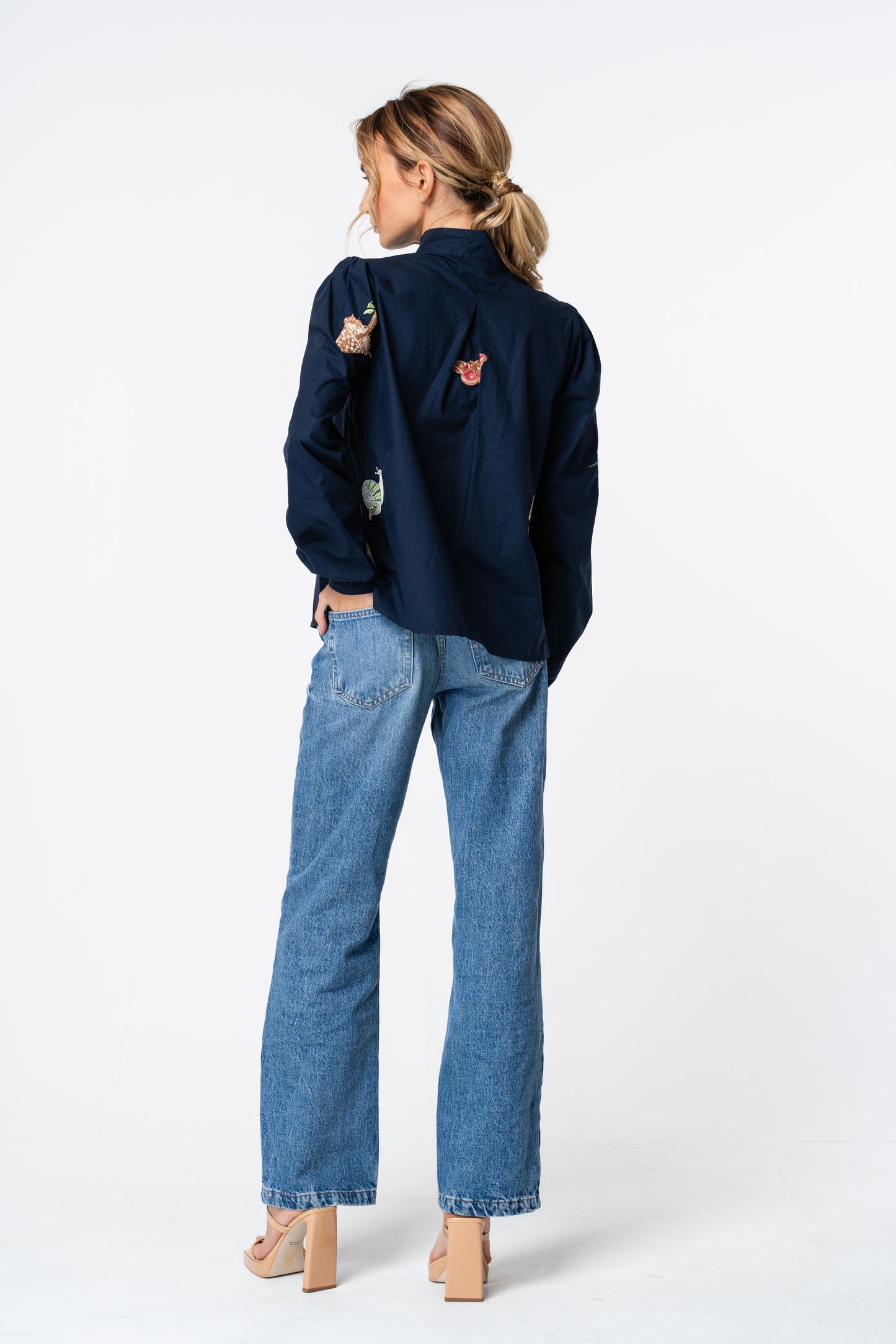 Emmy Embroidered Parkscape Top Navy