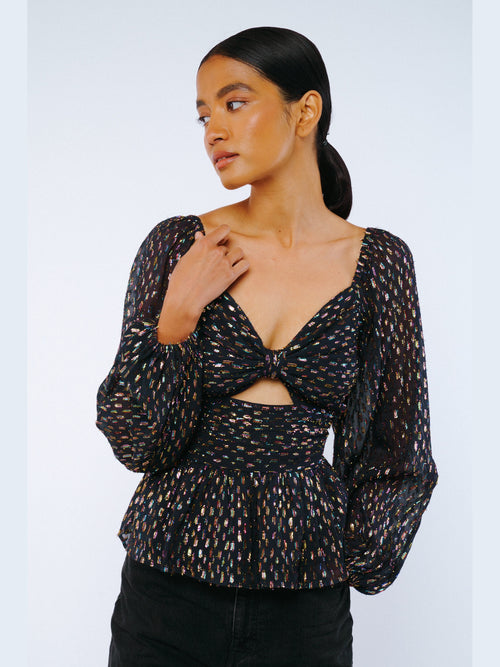 Load image 1 in gallery view. Geena Metallic Knot Front Long Sleeve Top