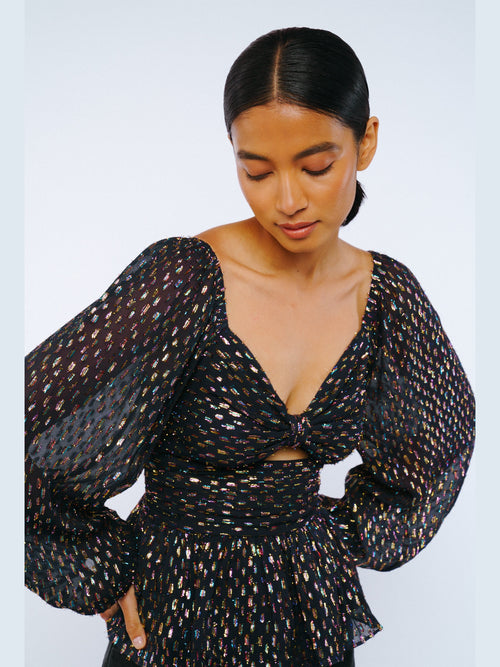 Load image 1 in gallery view. Geena Metallic Knot Front Long Sleeve Top