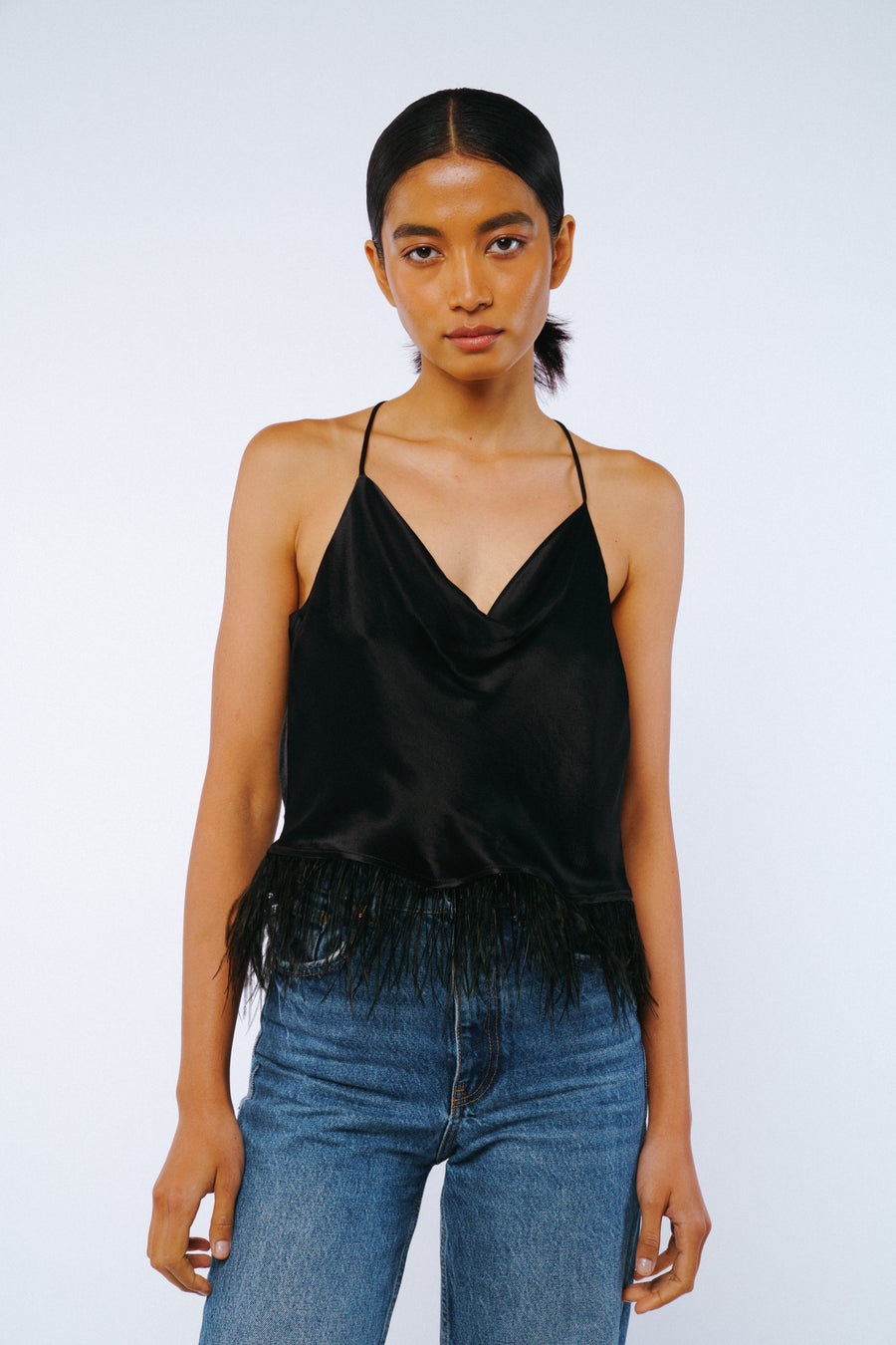 Feather Trimmed Cowl Top in Black Color