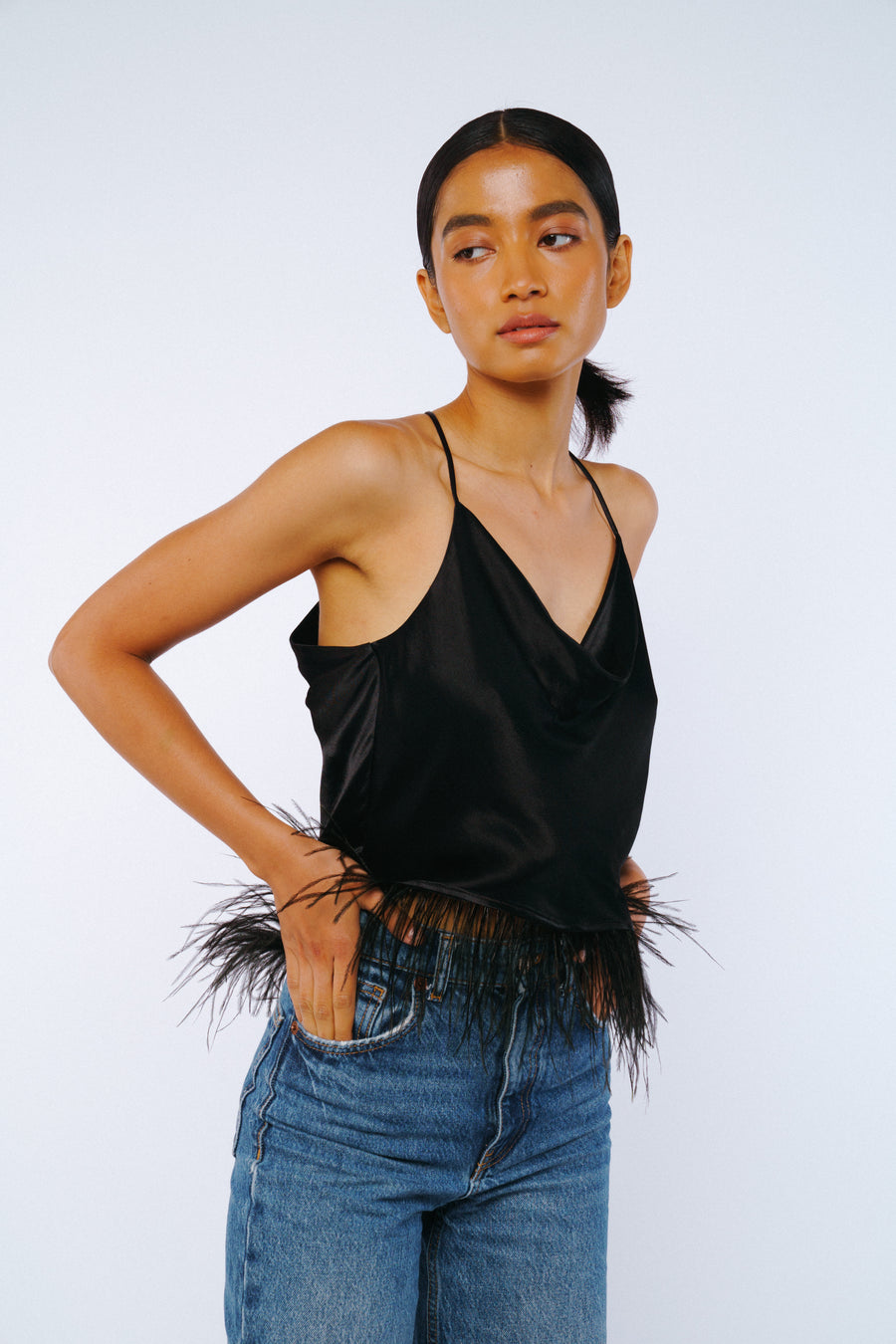 Feather Trimmed Cowl Top in Black Color