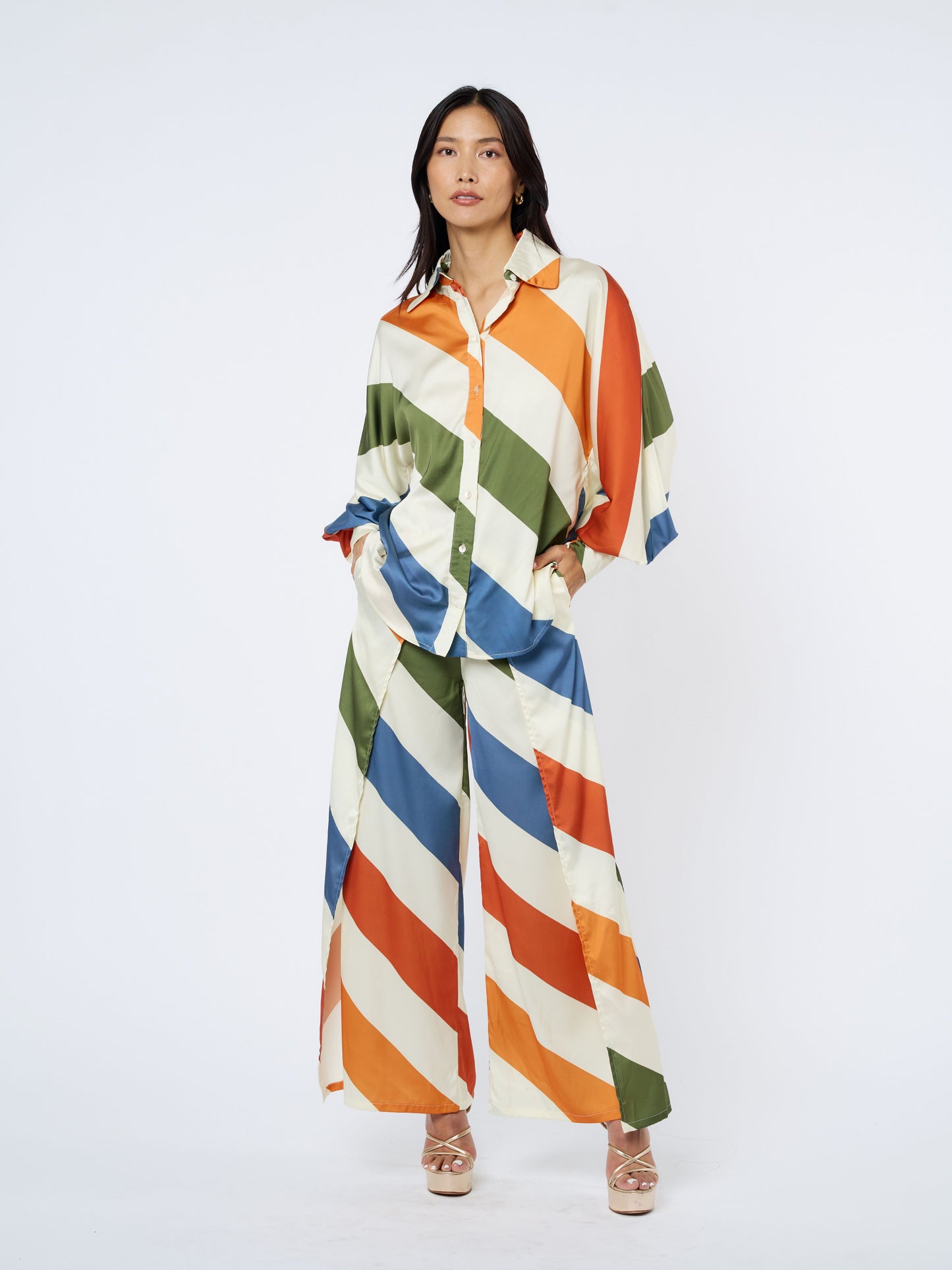 Kenia Striped Satin Long Sleeve Button-Up Top