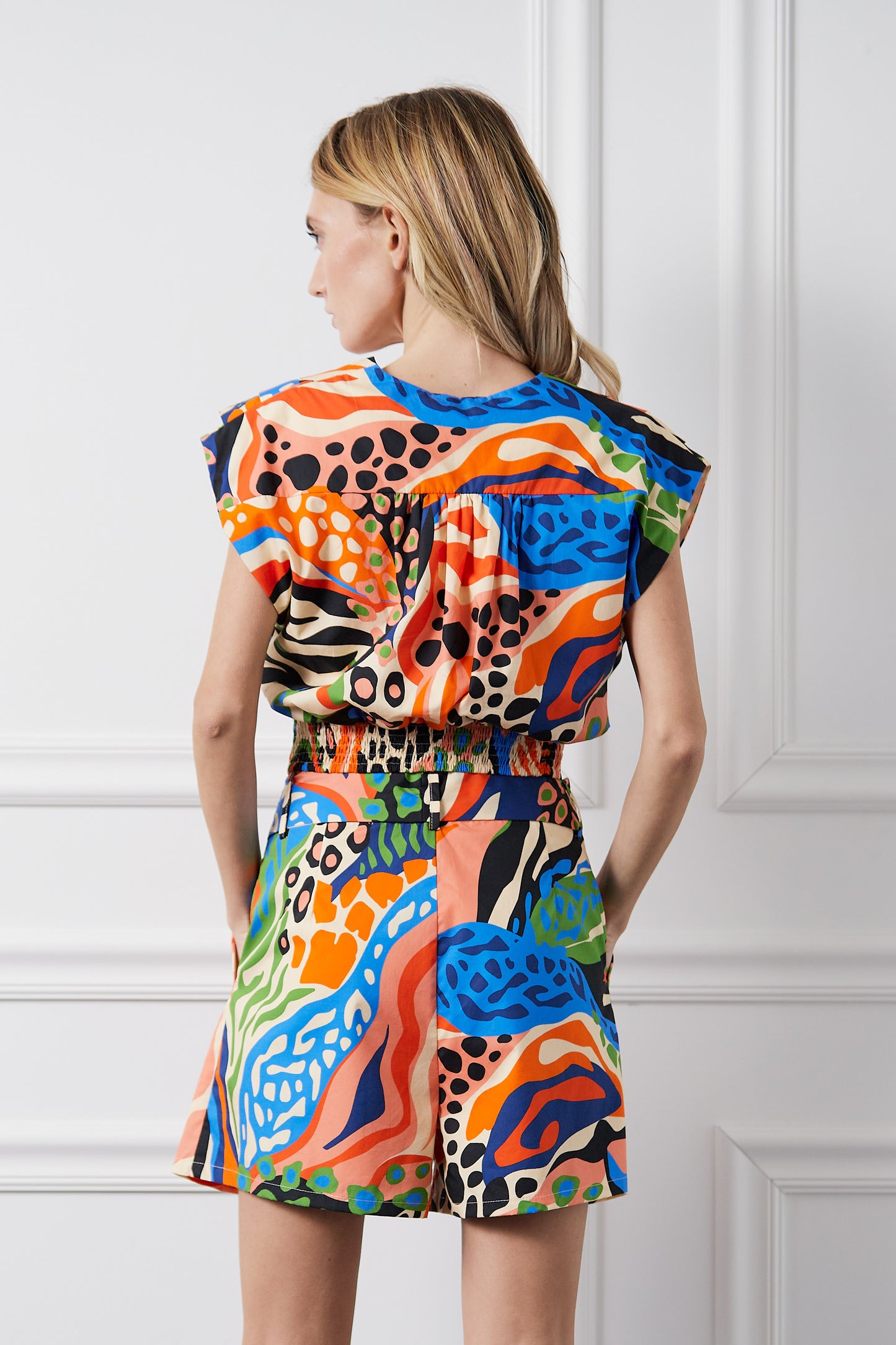 Drina Abstract Print Pleated Surplice Crop Top