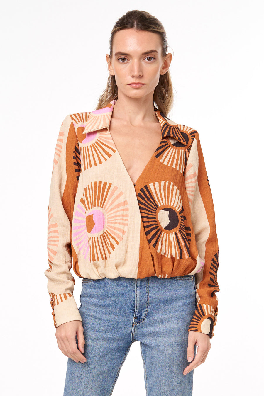 Stacia Printed Surplice Long Sleeve Top