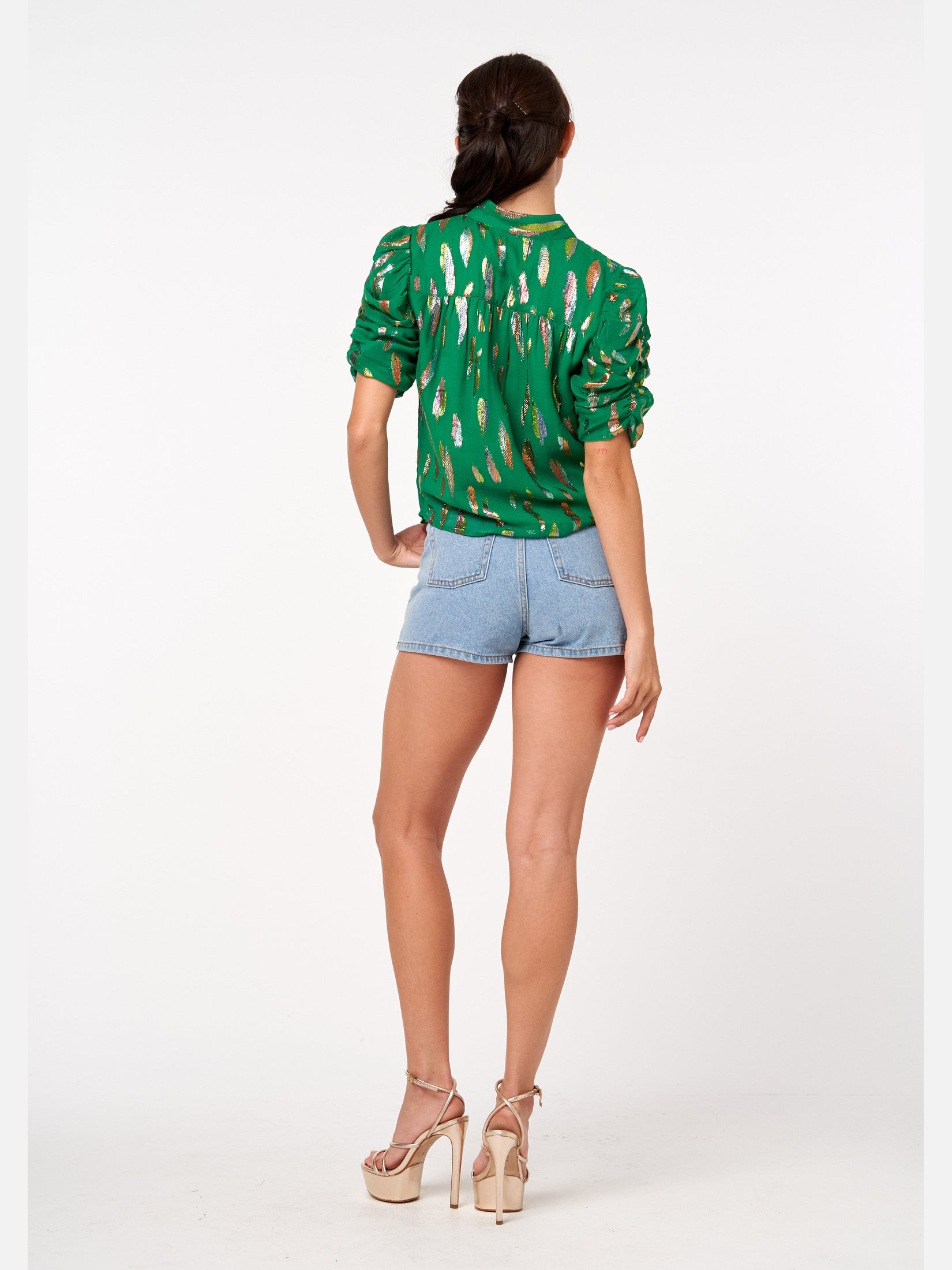 Lissa Metallic Button-Up Puff Sleeve Top