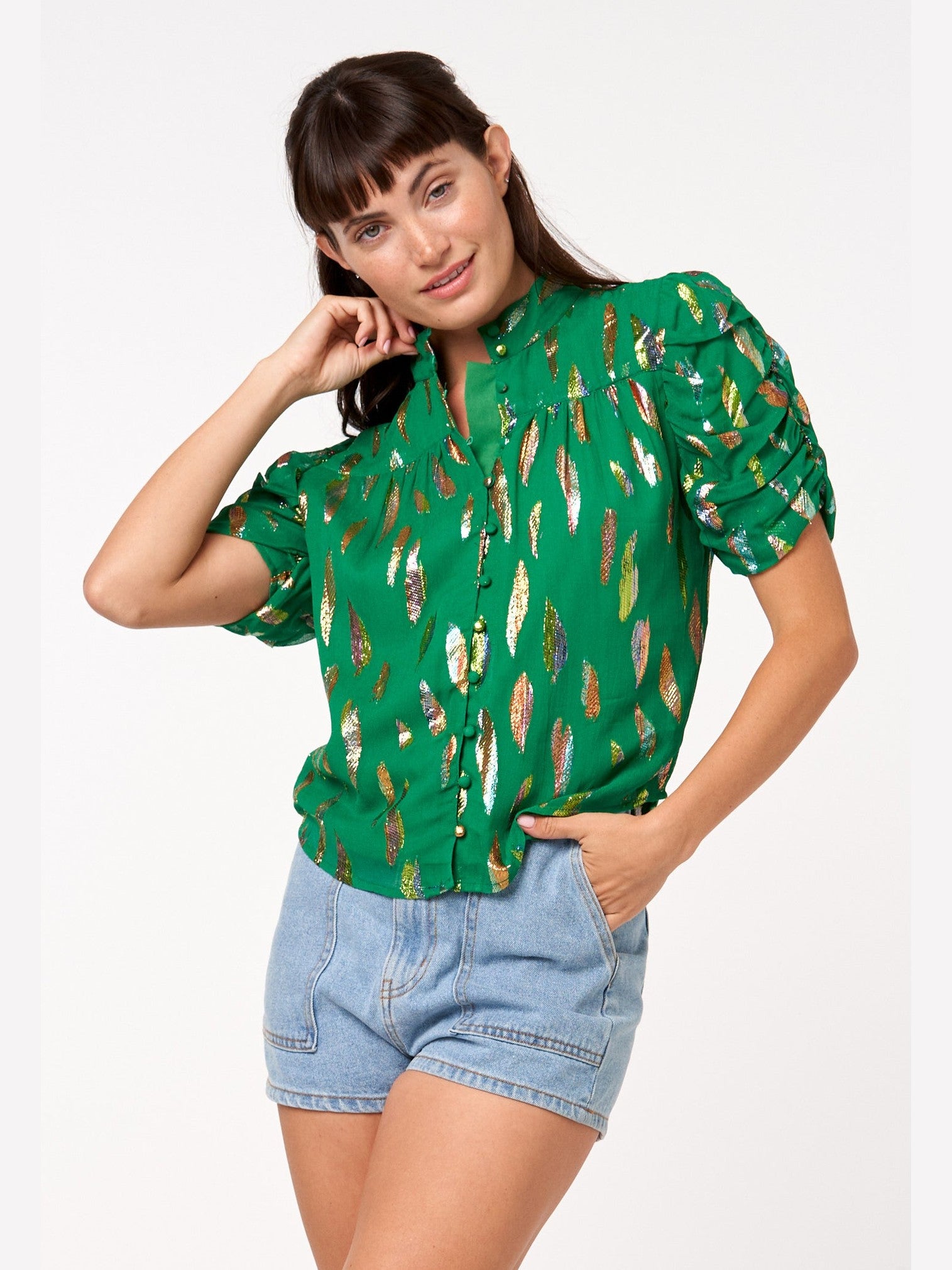 Lissa Metallic Button-Up Puff Sleeve Top