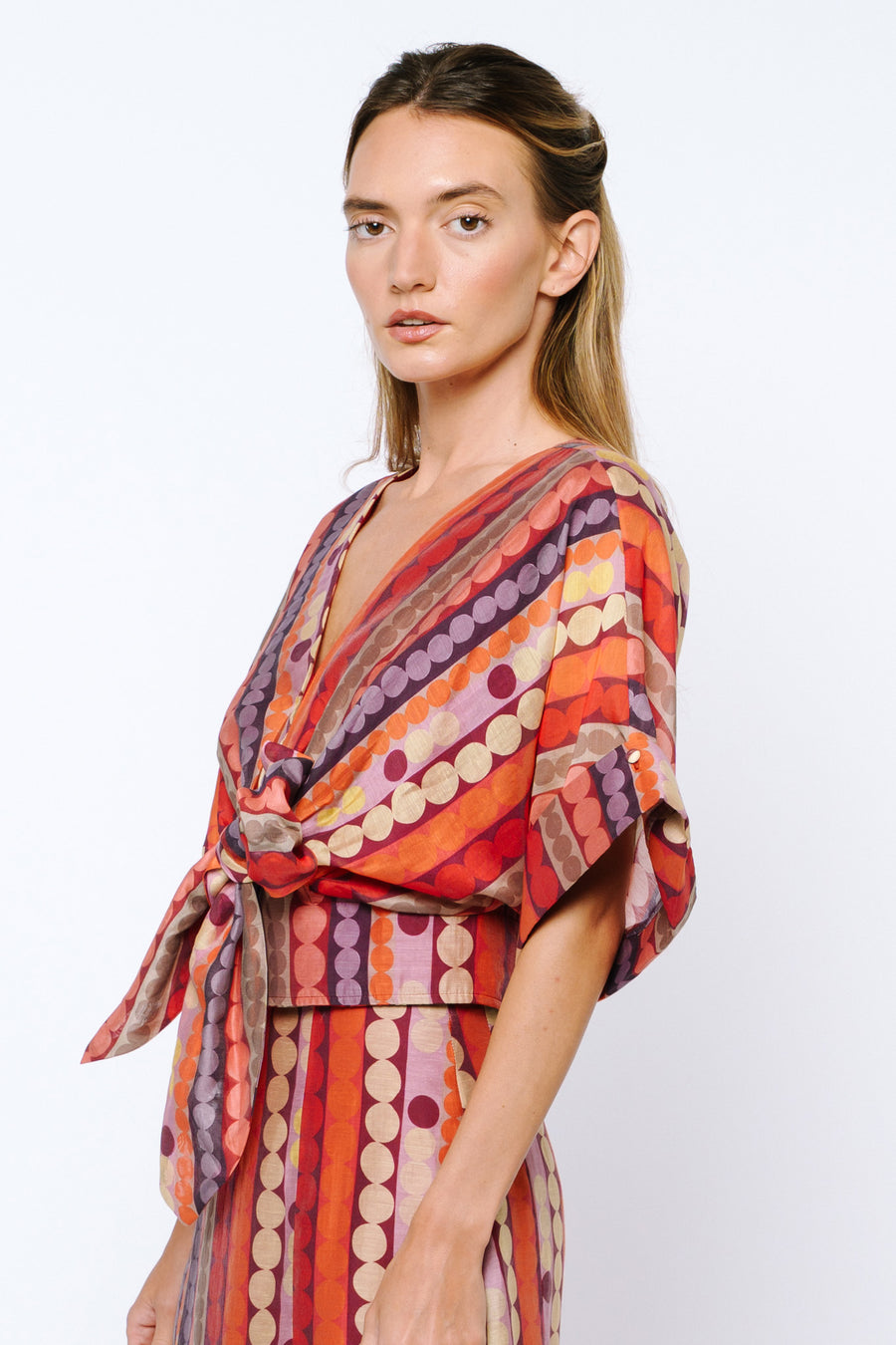 Clarisa Striped Polka Dot Tie Front Top