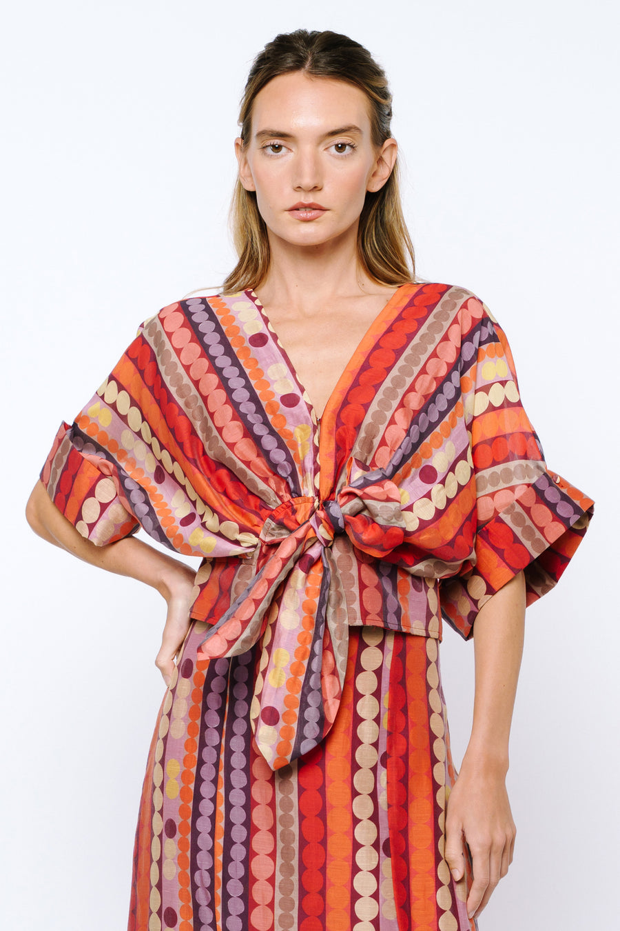 Clarisa Striped Polka Dot Tie Front Top